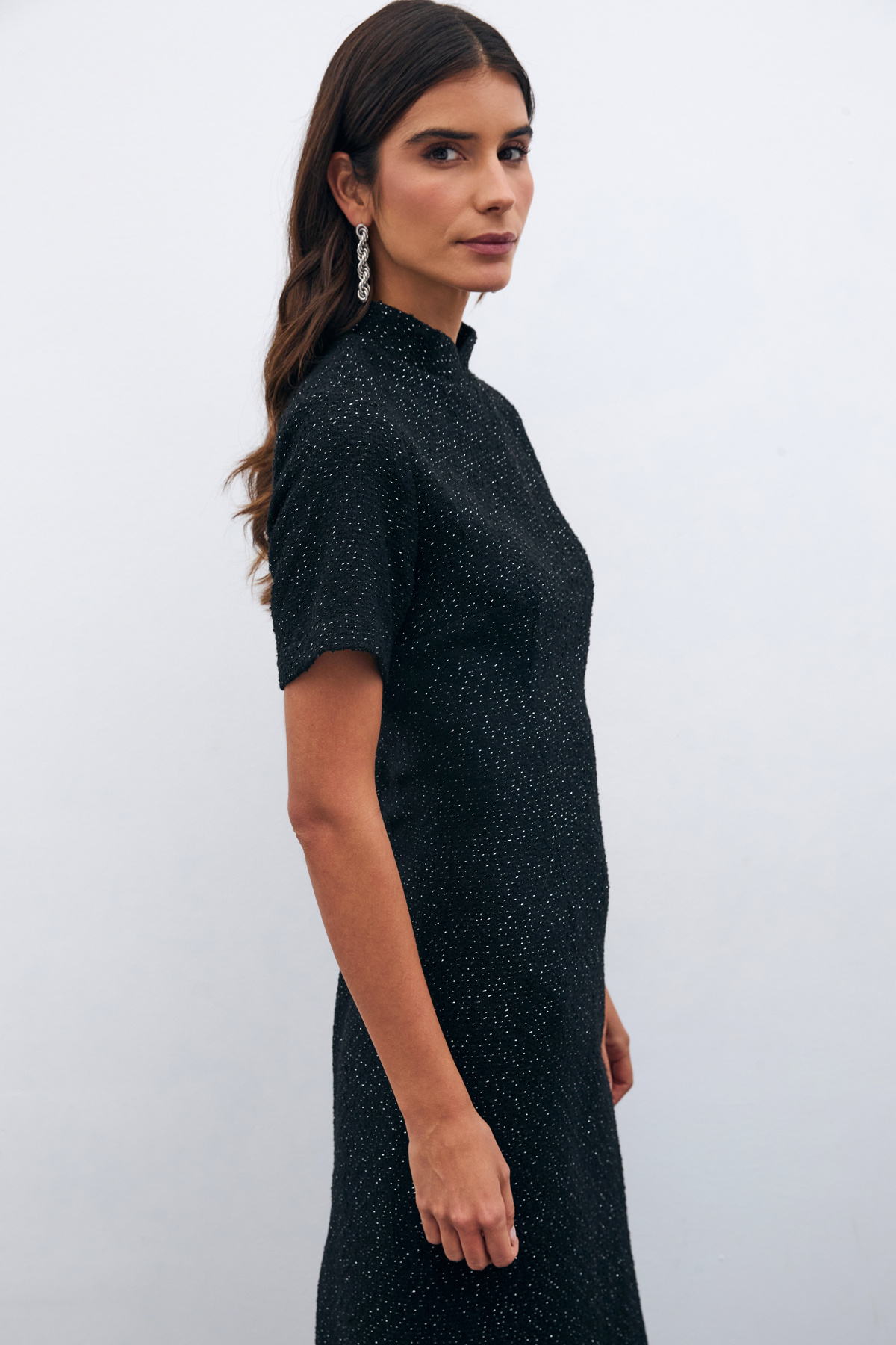 Dik Yaka Tüvit Elbise - SİYAH