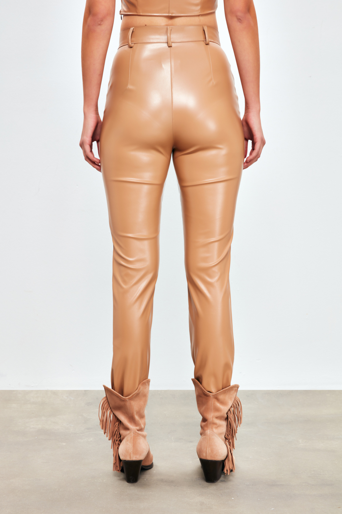 Dikiş Detaylı Deri Pantolon - BEJ