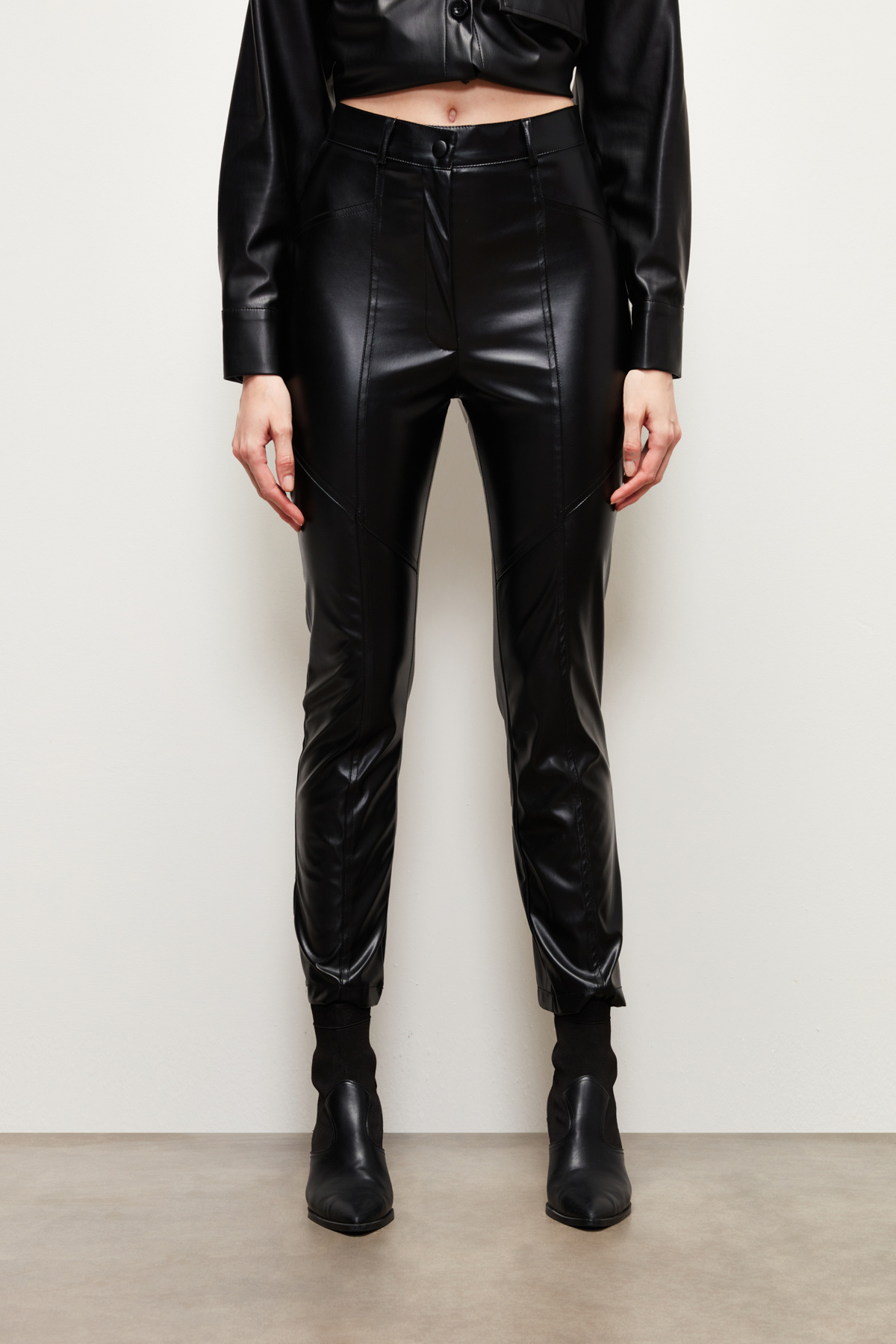 Stitch Detail Leather Trousers - BLACK