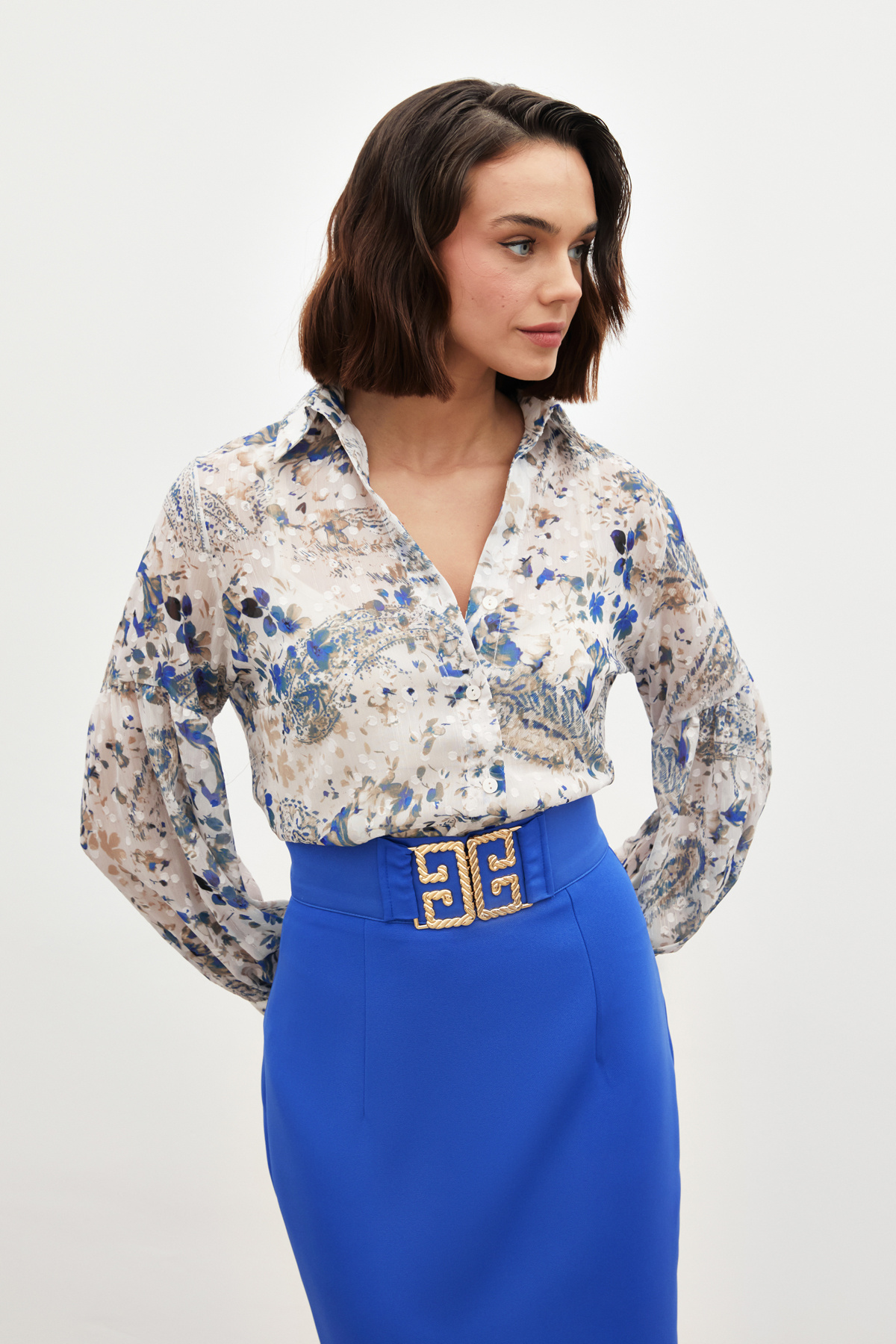 Dokulu Desenli Gömlek - SAX MAVİ