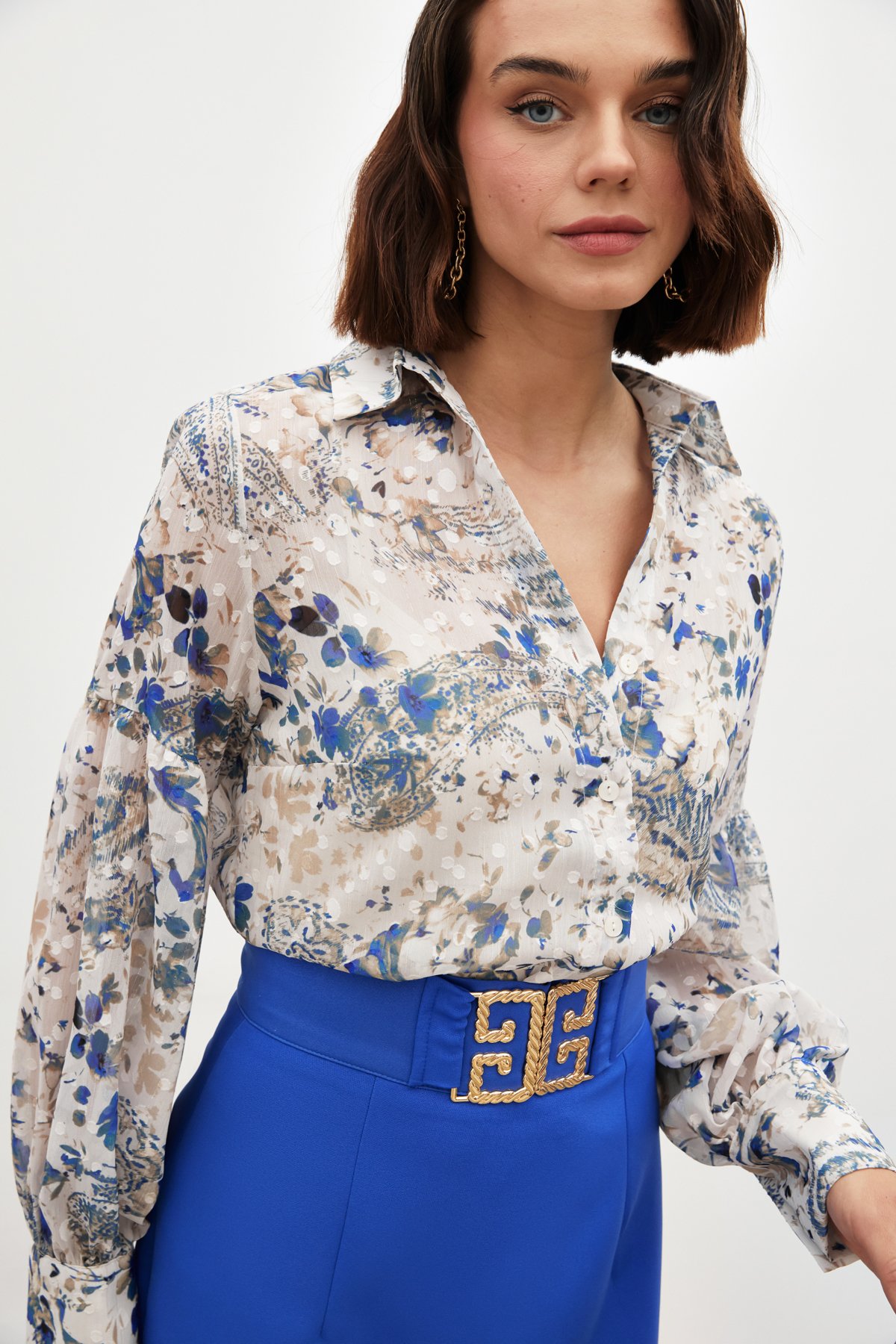 Dokulu Desenli Gömlek - SAX MAVİ