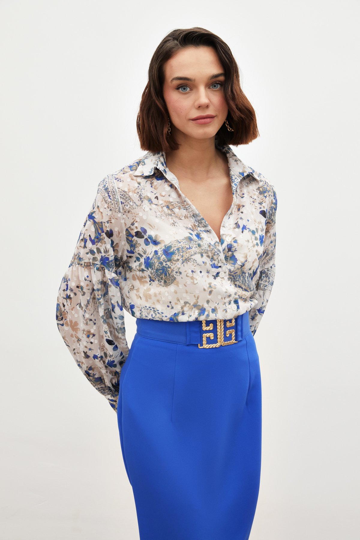 Dokulu Desenli Gömlek - SAX MAVİ