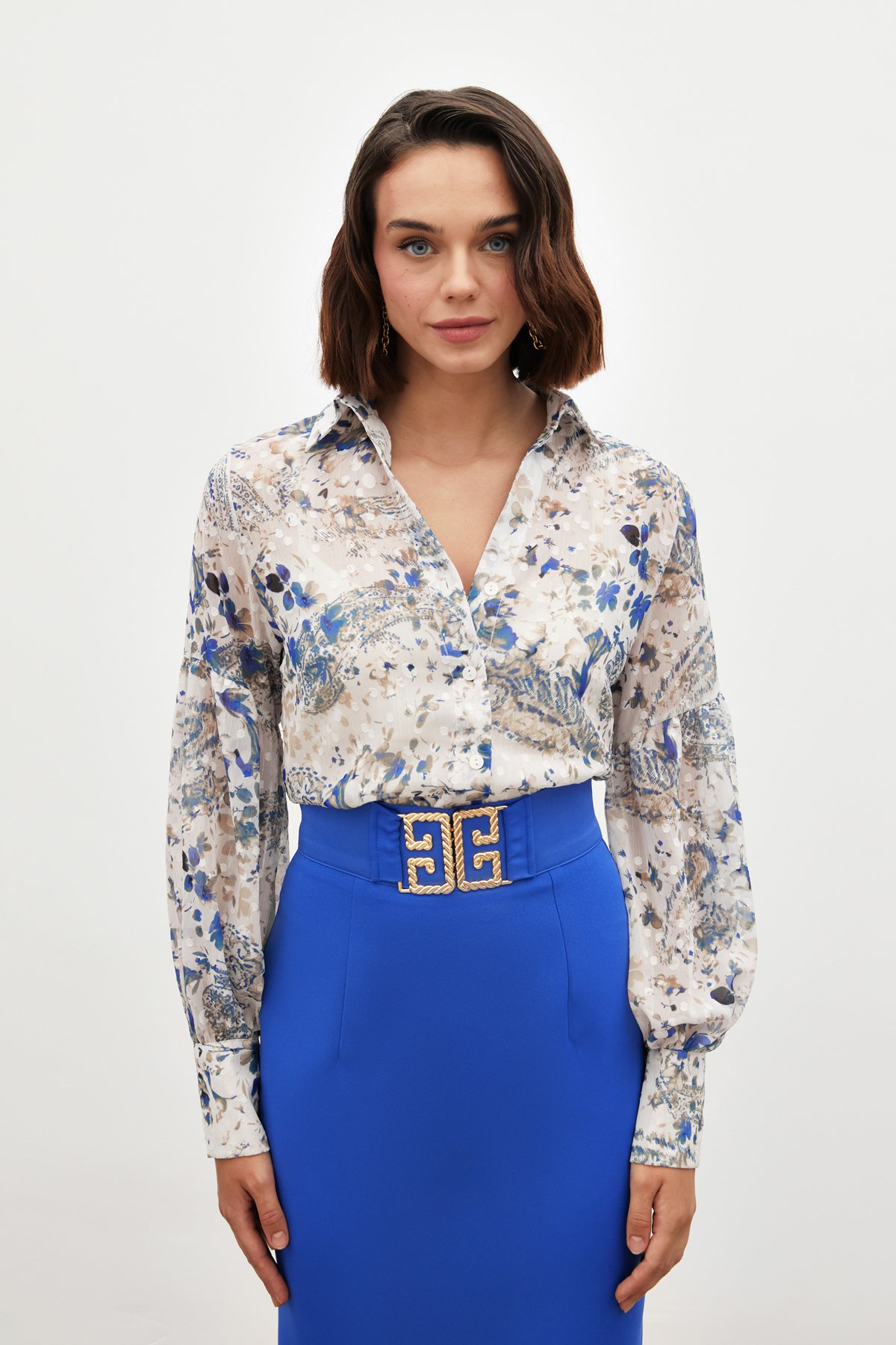 Dokulu Desenli Gömlek - SAX MAVİ