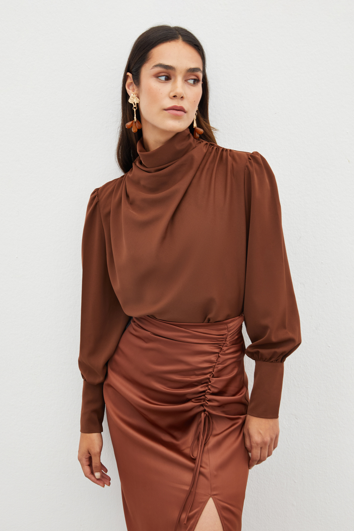 Drape Detaylı  Bluz - KAHVE