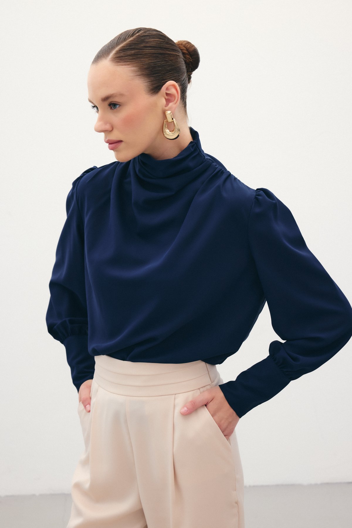 Drape Detaylı  Bluz - Lacivert