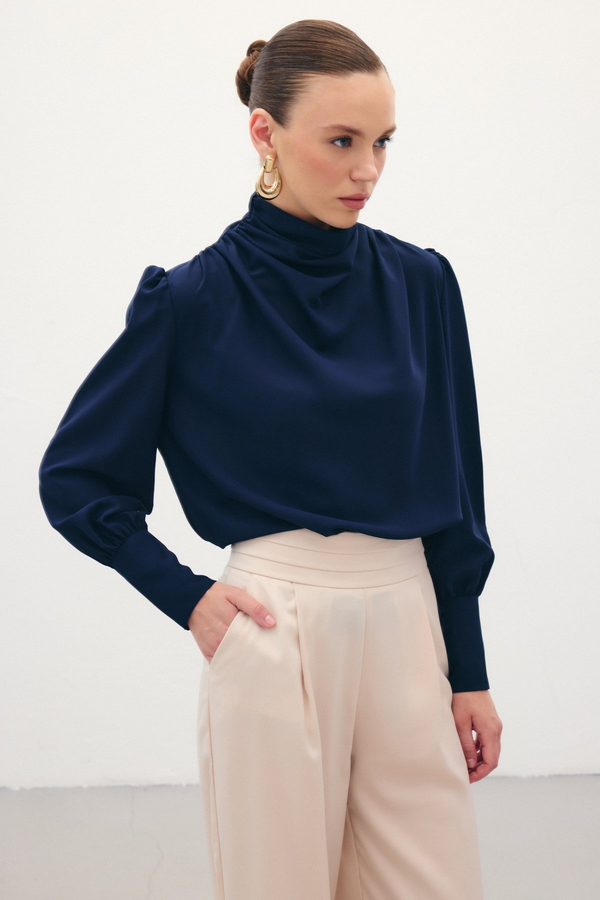 Drape Detaylı  Bluz - Lacivert