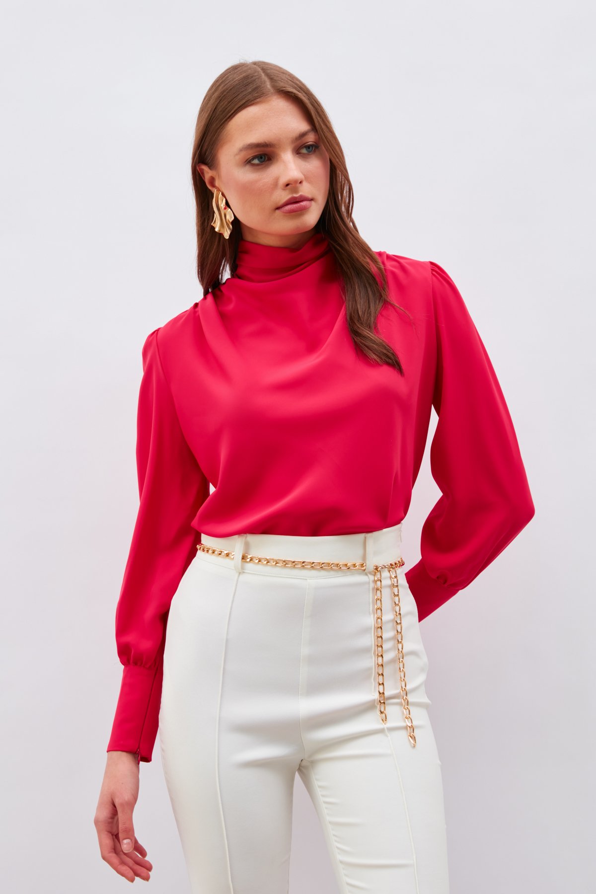 Drape Detaylı  Bluz - MERCAN