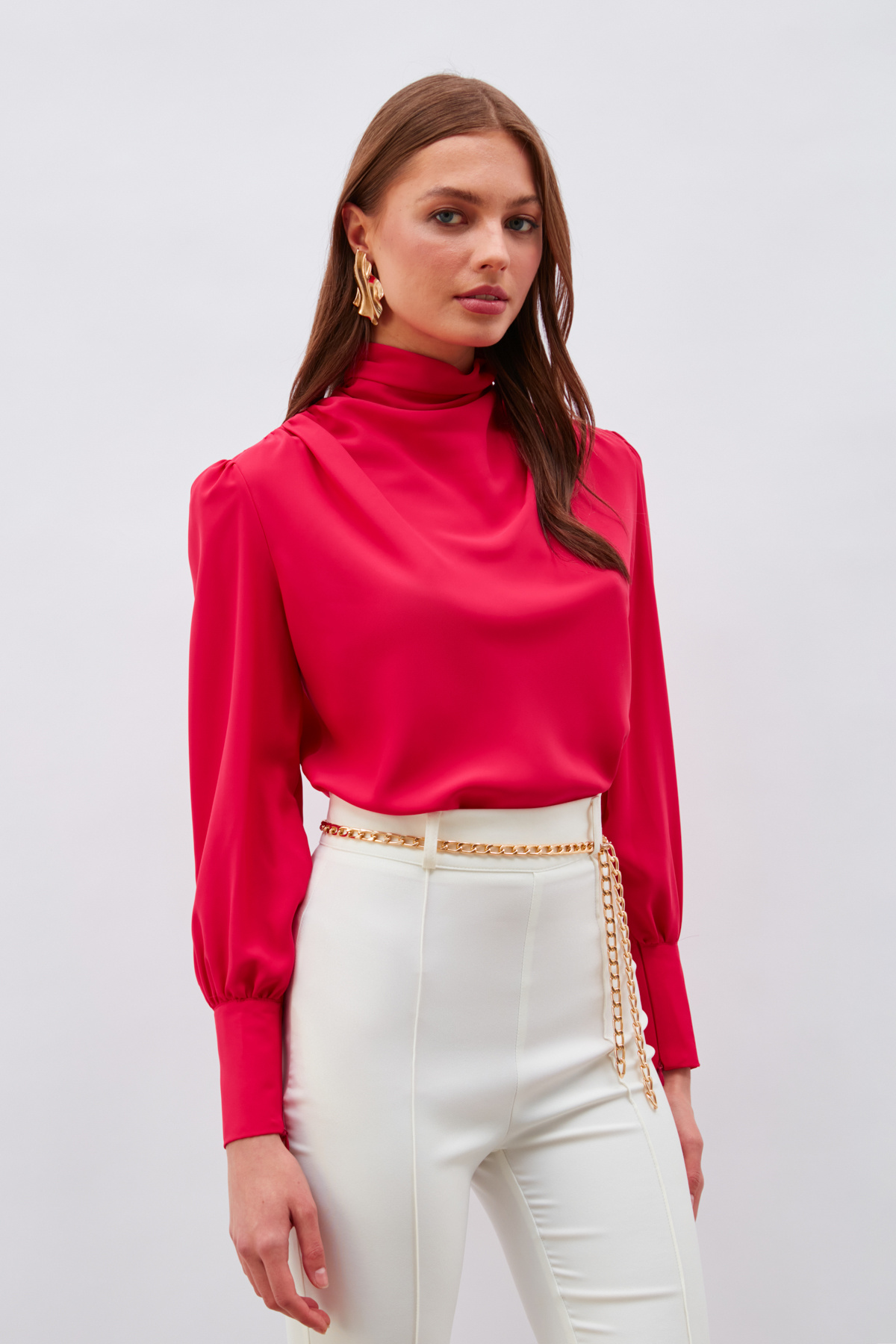 Drape Detaylı  Bluz - MERCAN