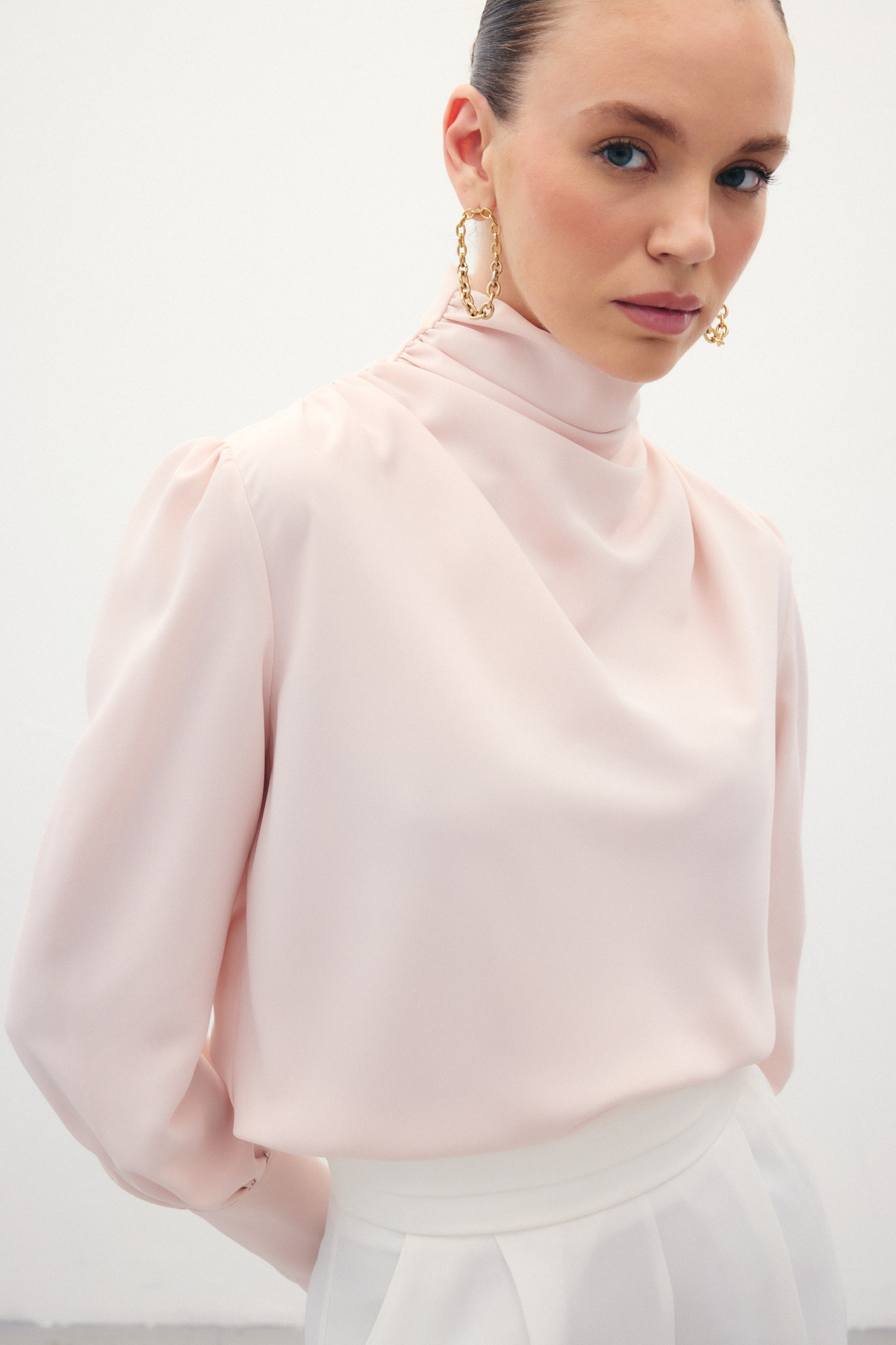 Drape Detaylı  Bluz - Pudra