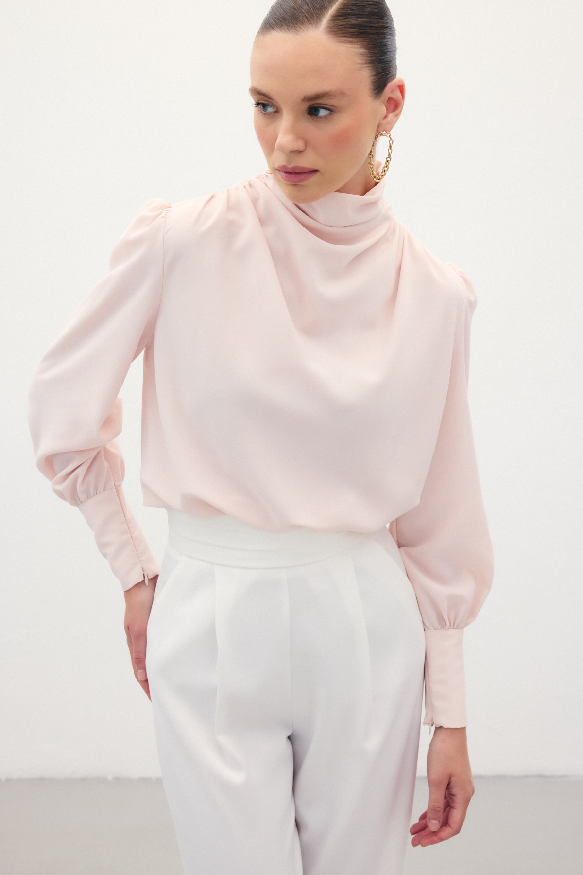 Drape Detaylı  Bluz - Pudra