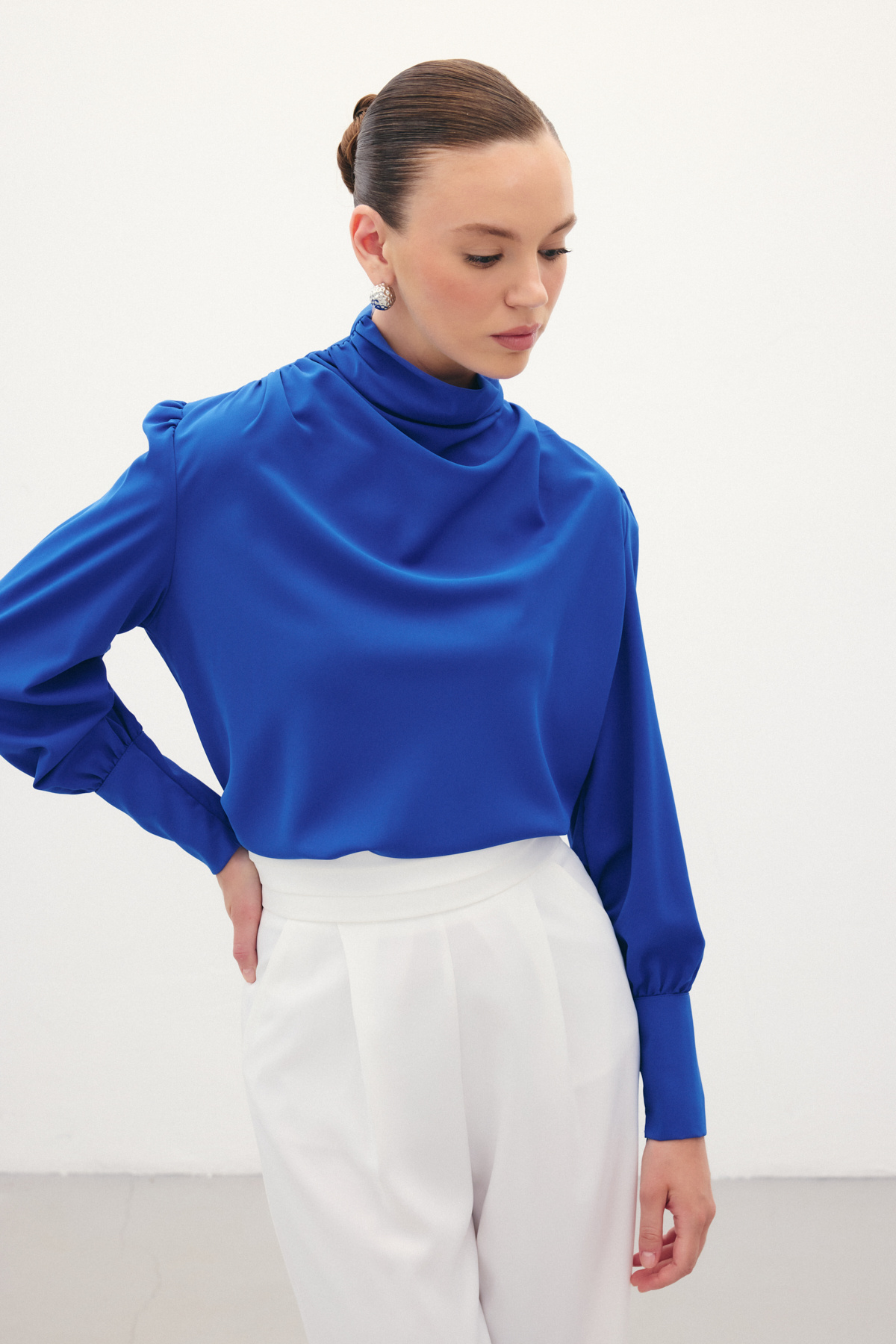 Drape Detaylı  Bluz - Sax Mavi