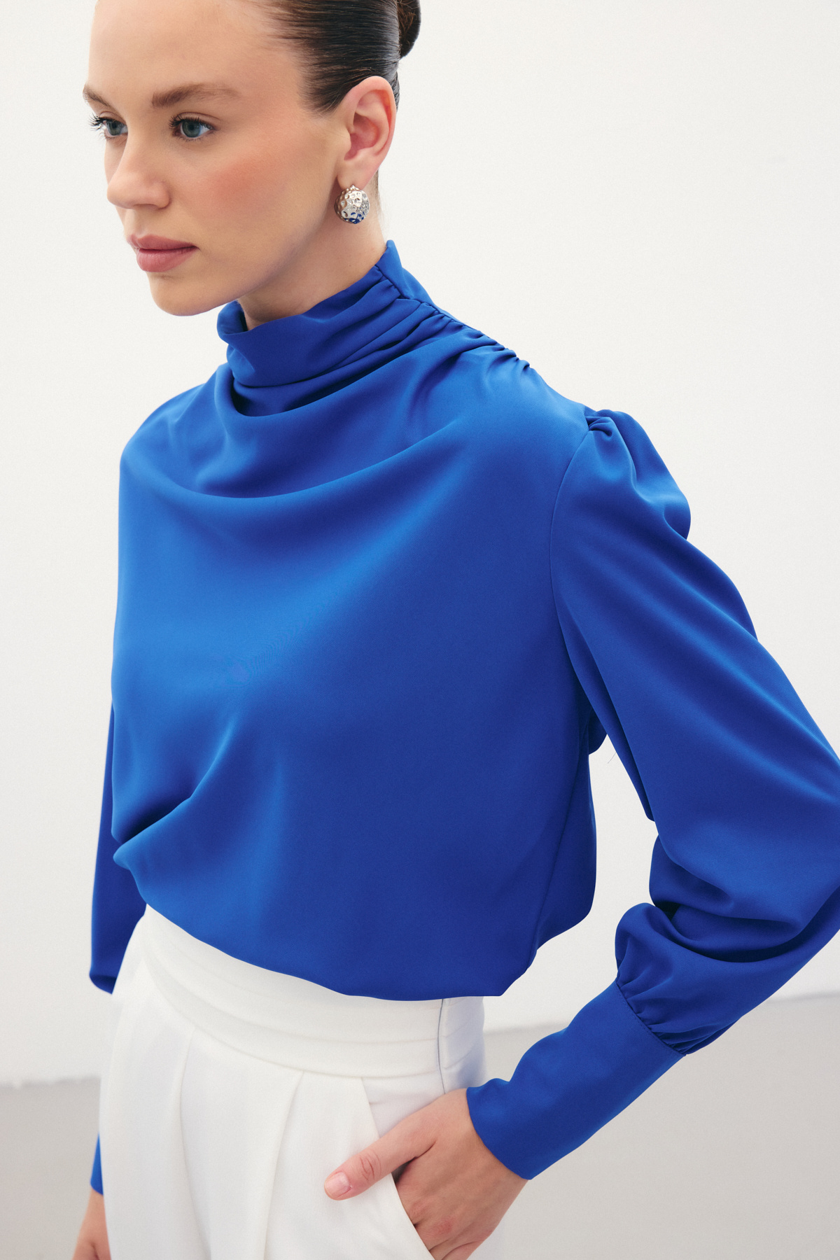 Drape Detaylı  Bluz - Sax Mavi