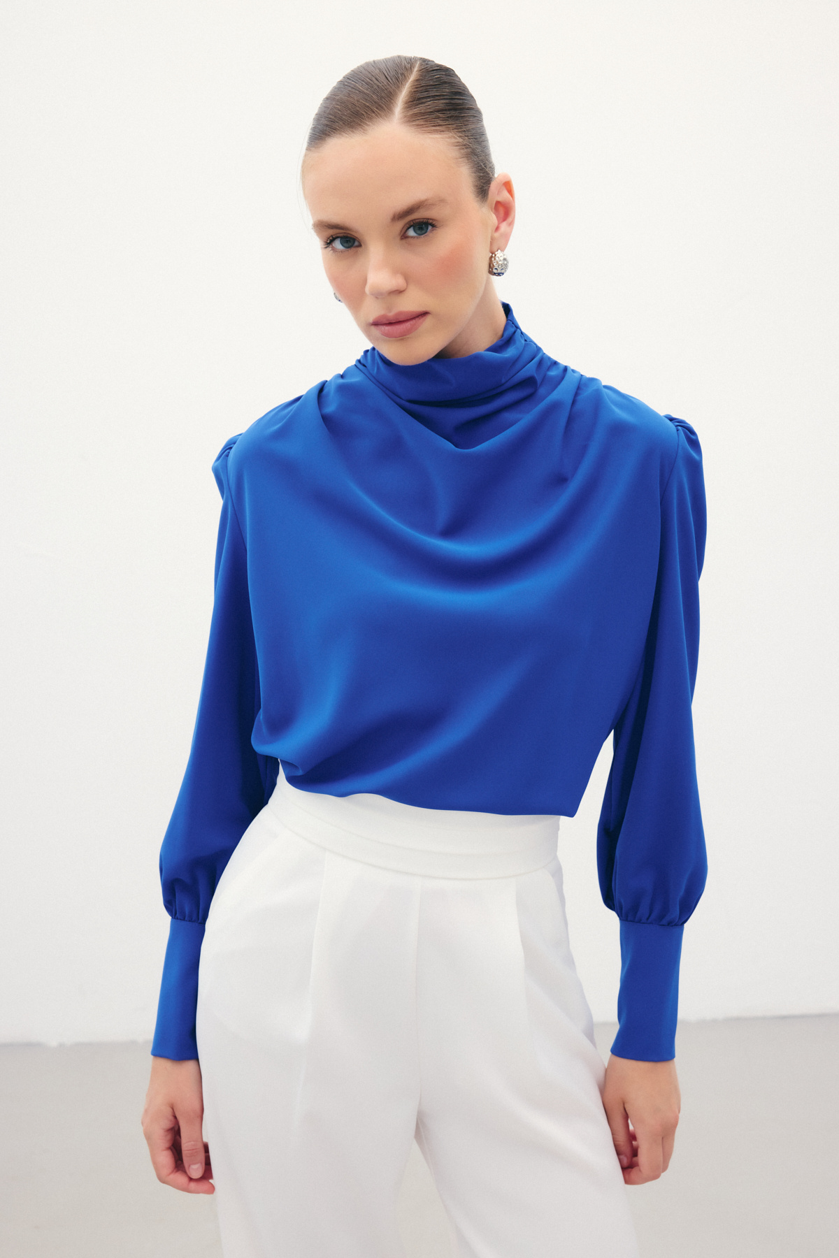 Drape Detaylı  Bluz - Sax Mavi