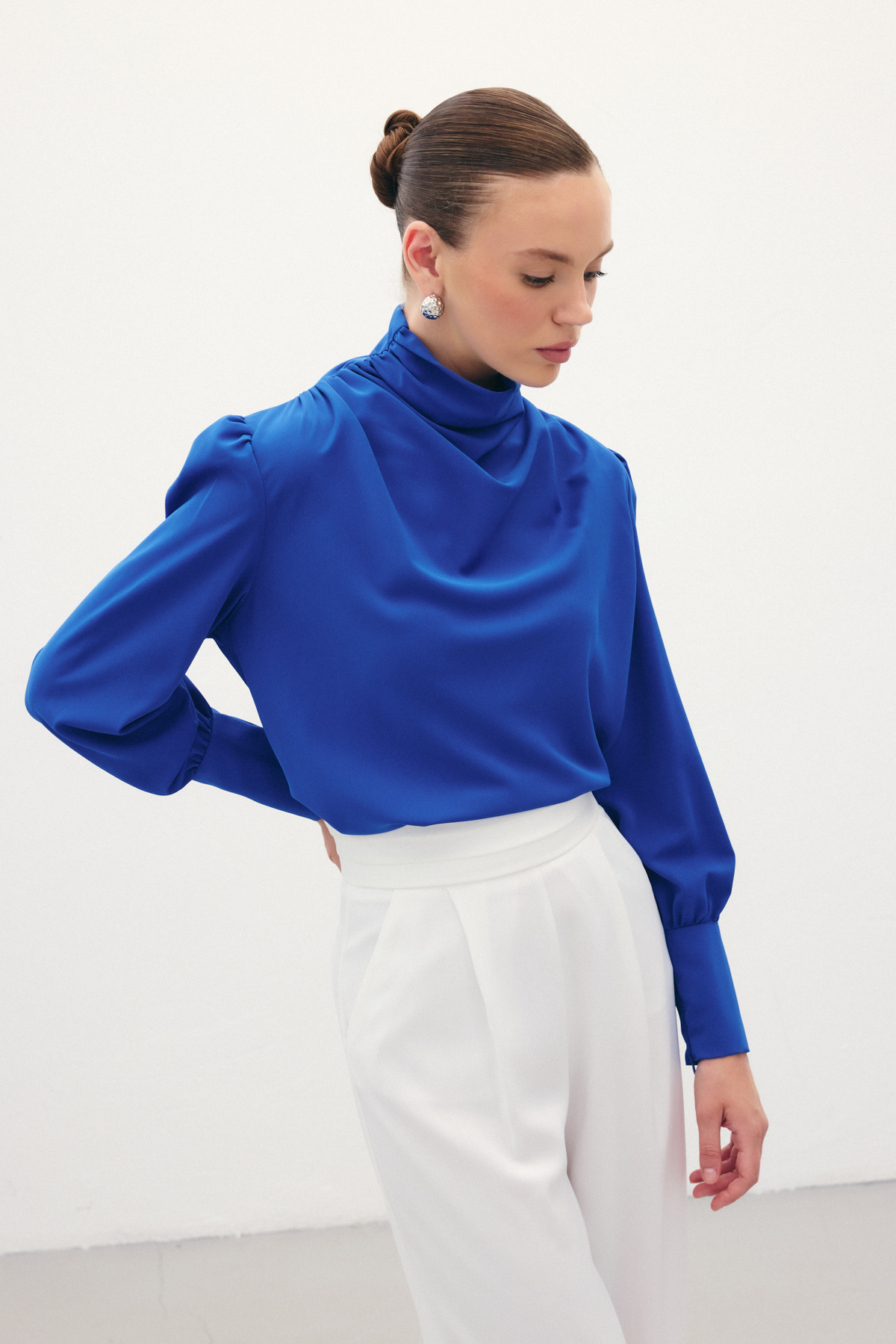 Drape Detaylı  Bluz - Sax Mavi