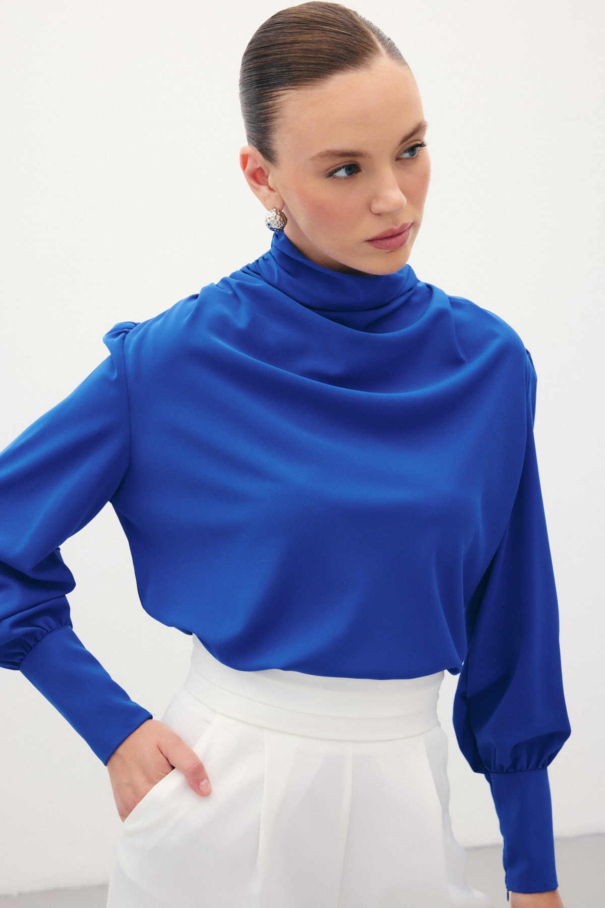 Drape Detaylı  Bluz - Sax Mavi