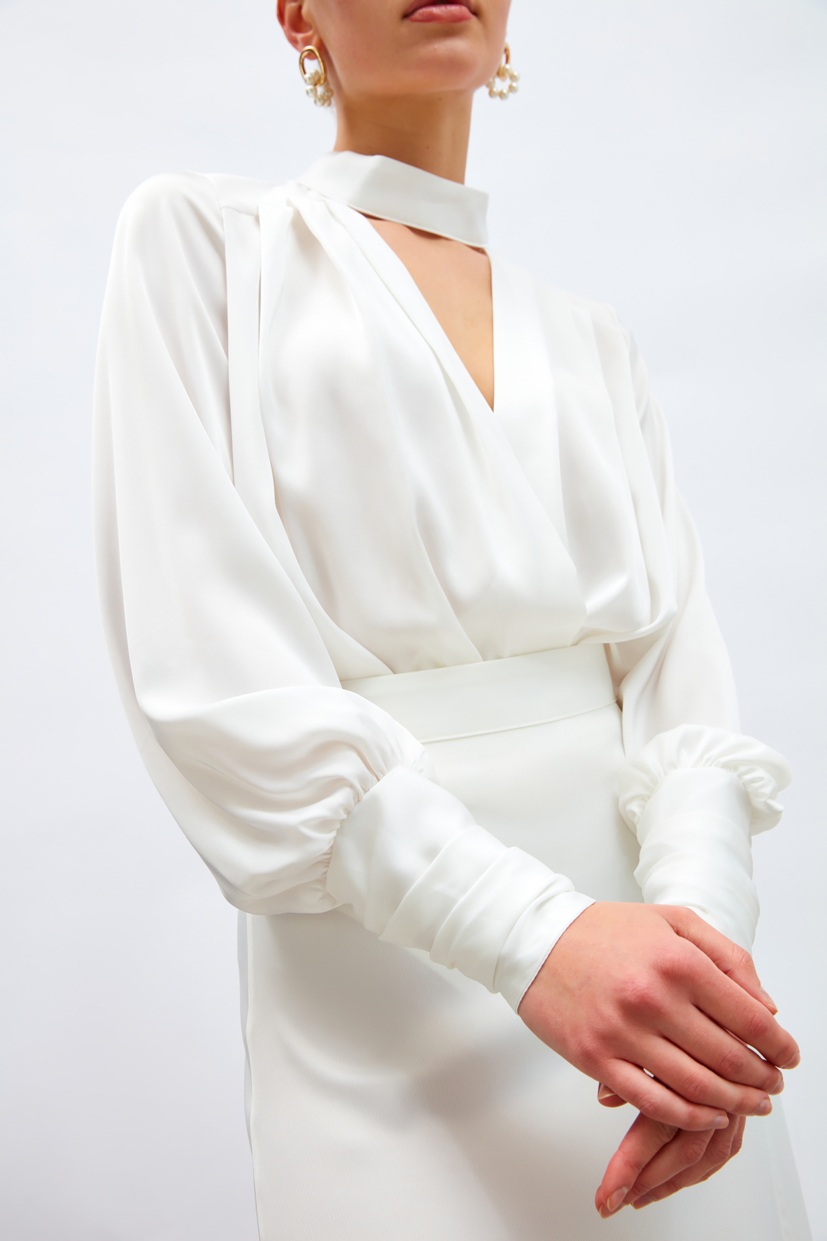 Drape Detaylı  Bodysuit Bluz - EKRU