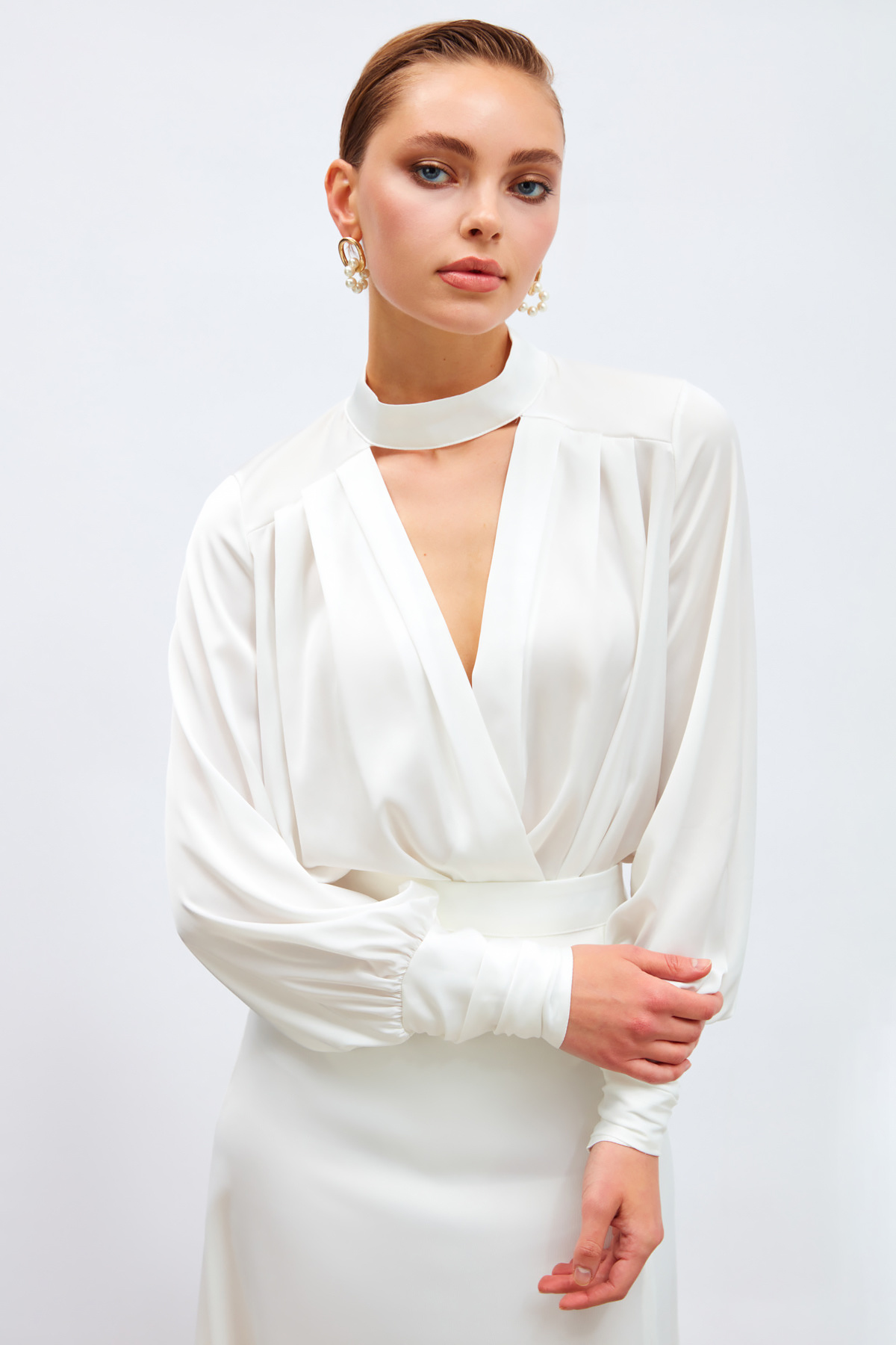 Drape Detaylı  Bodysuit Bluz - EKRU