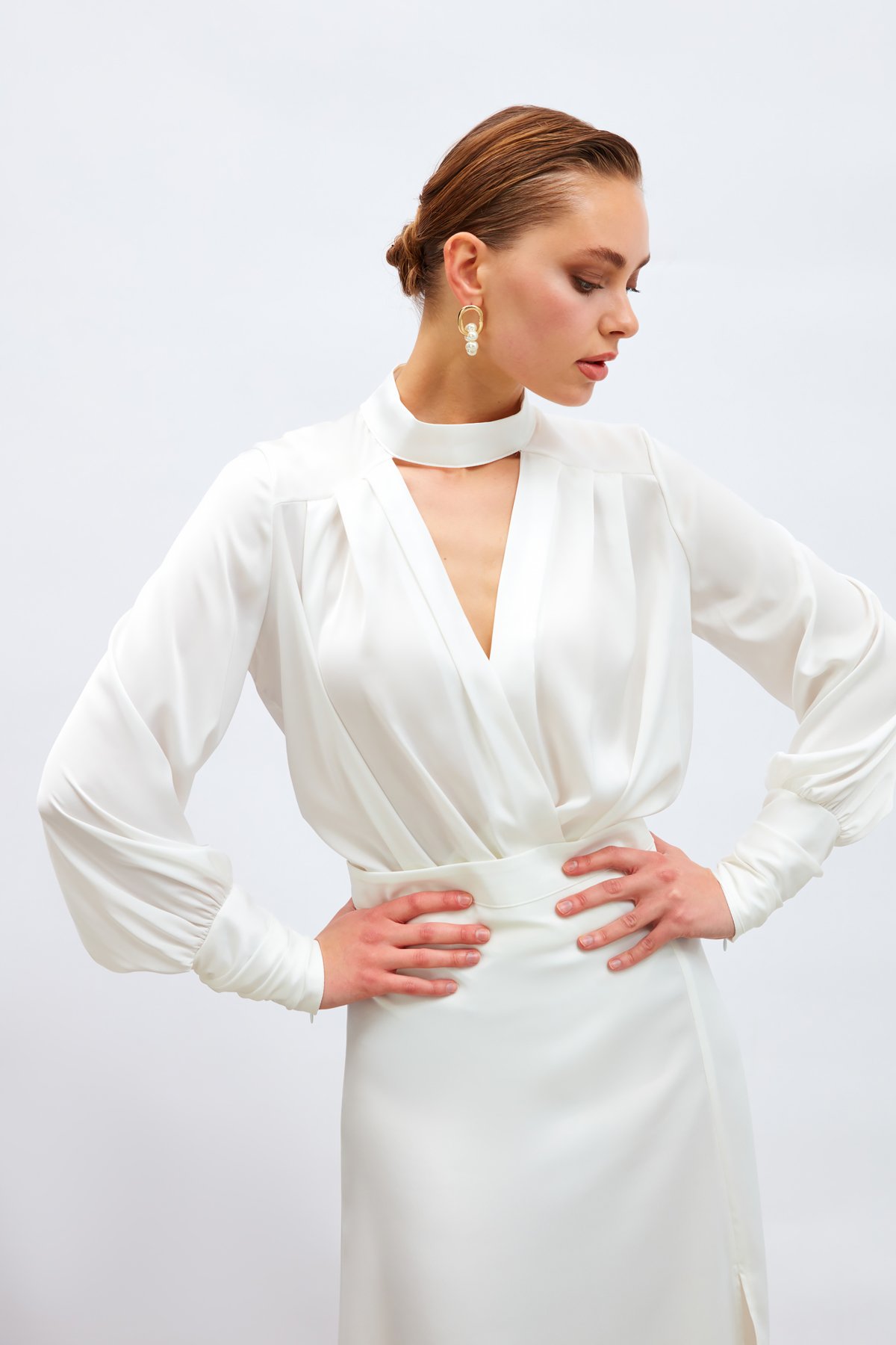 Drape Detaylı  Bodysuit Bluz - EKRU