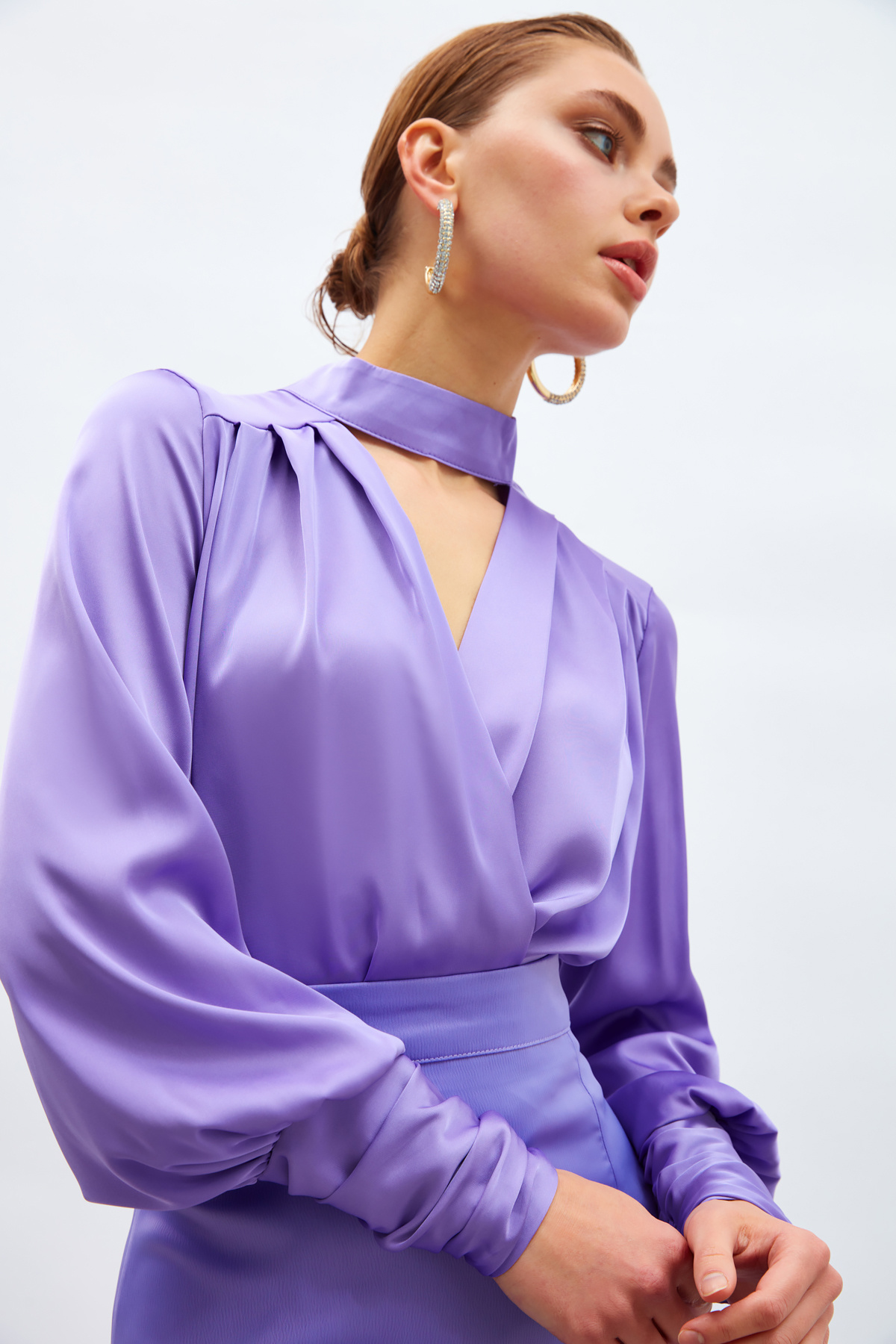 Drape Detaylı  Bodysuit Bluz - LİLA