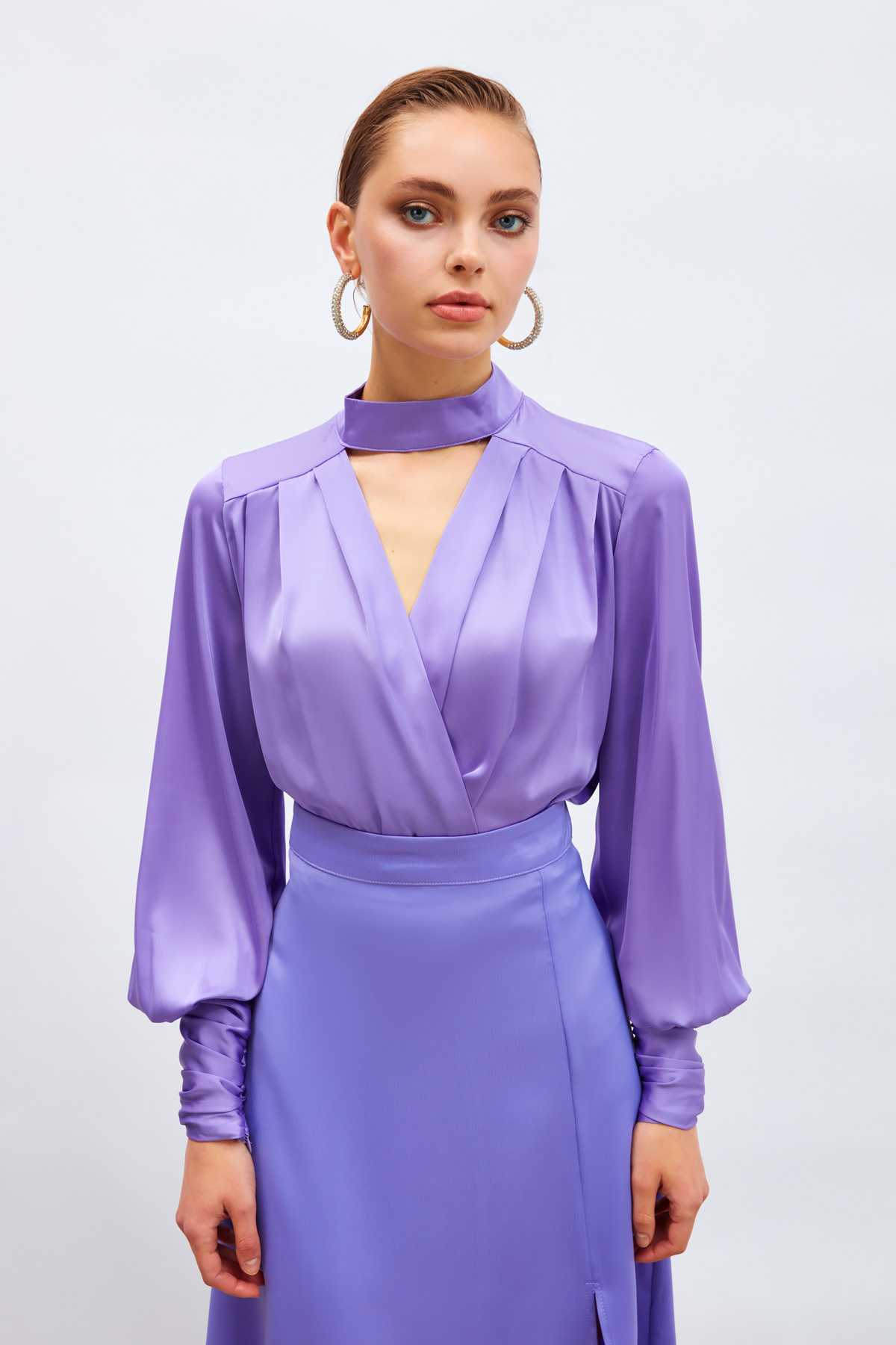 Drape Detaylı  Bodysuit Bluz - LİLA