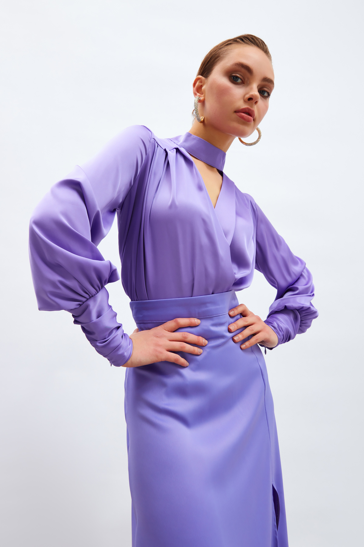 Drape Detaylı  Bodysuit Bluz - LİLA