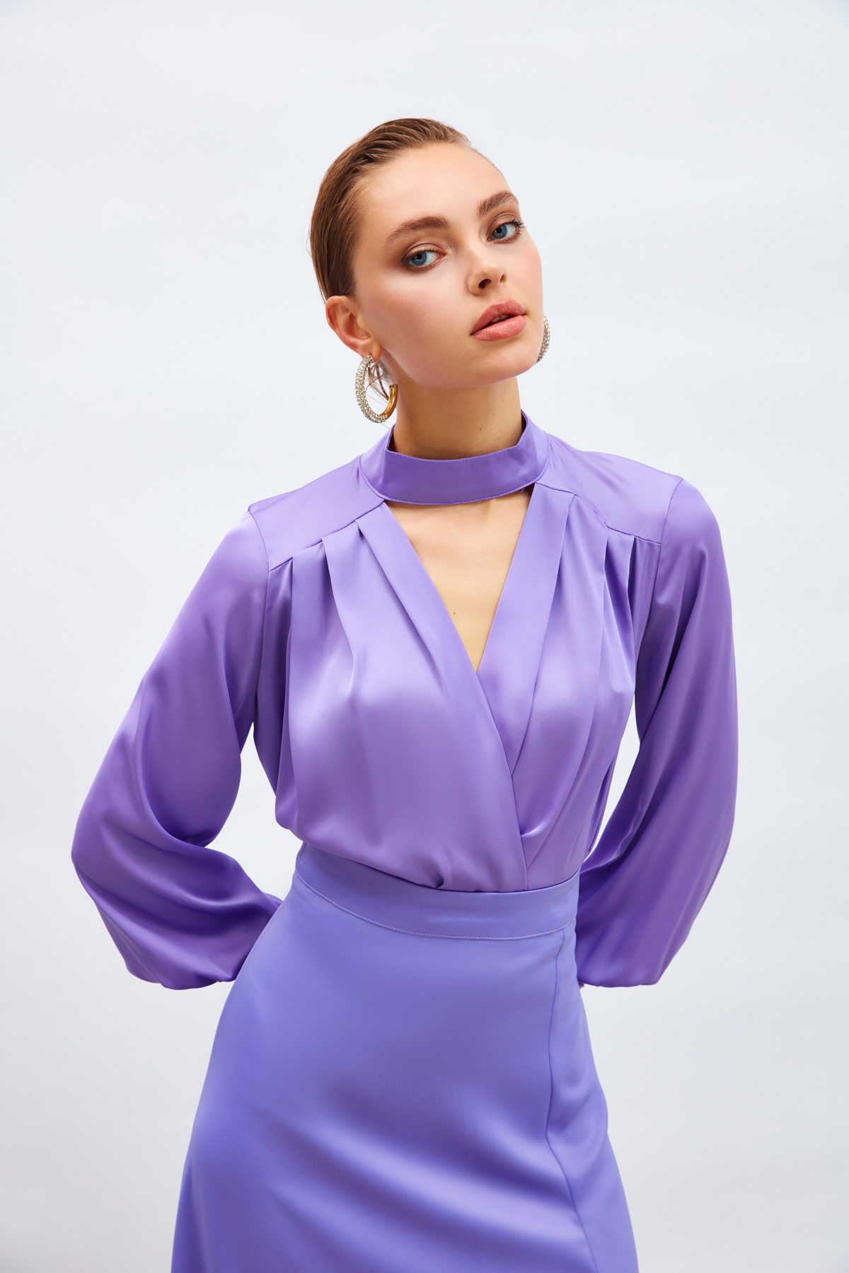 Drape Detaylı  Bodysuit Bluz - LİLA