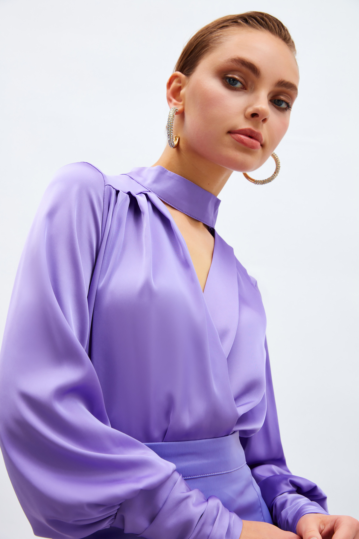 Drape Detaylı  Bodysuit Bluz - LİLA