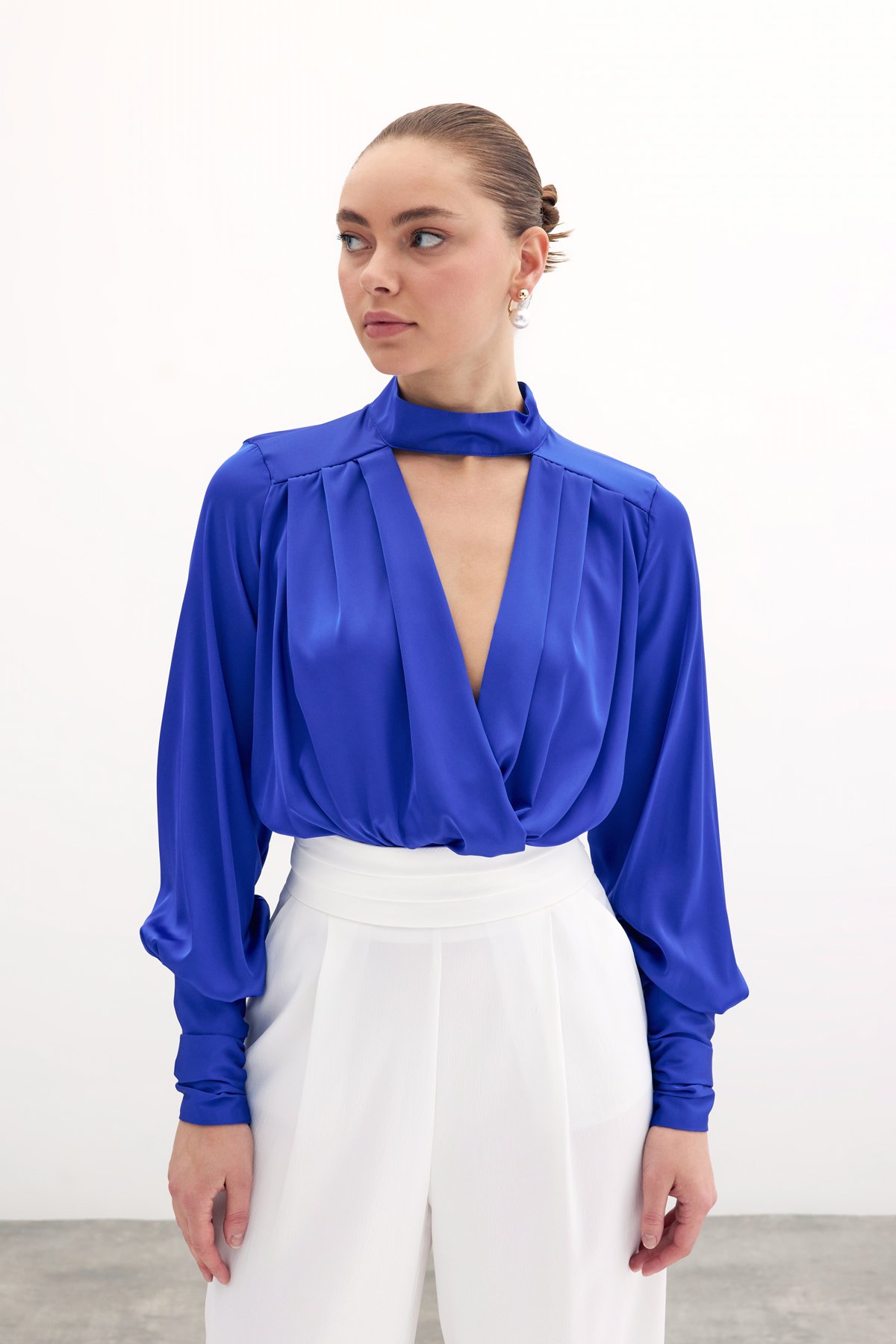 Drape Detaylı  Bodysuit Bluz - Sax Mavi