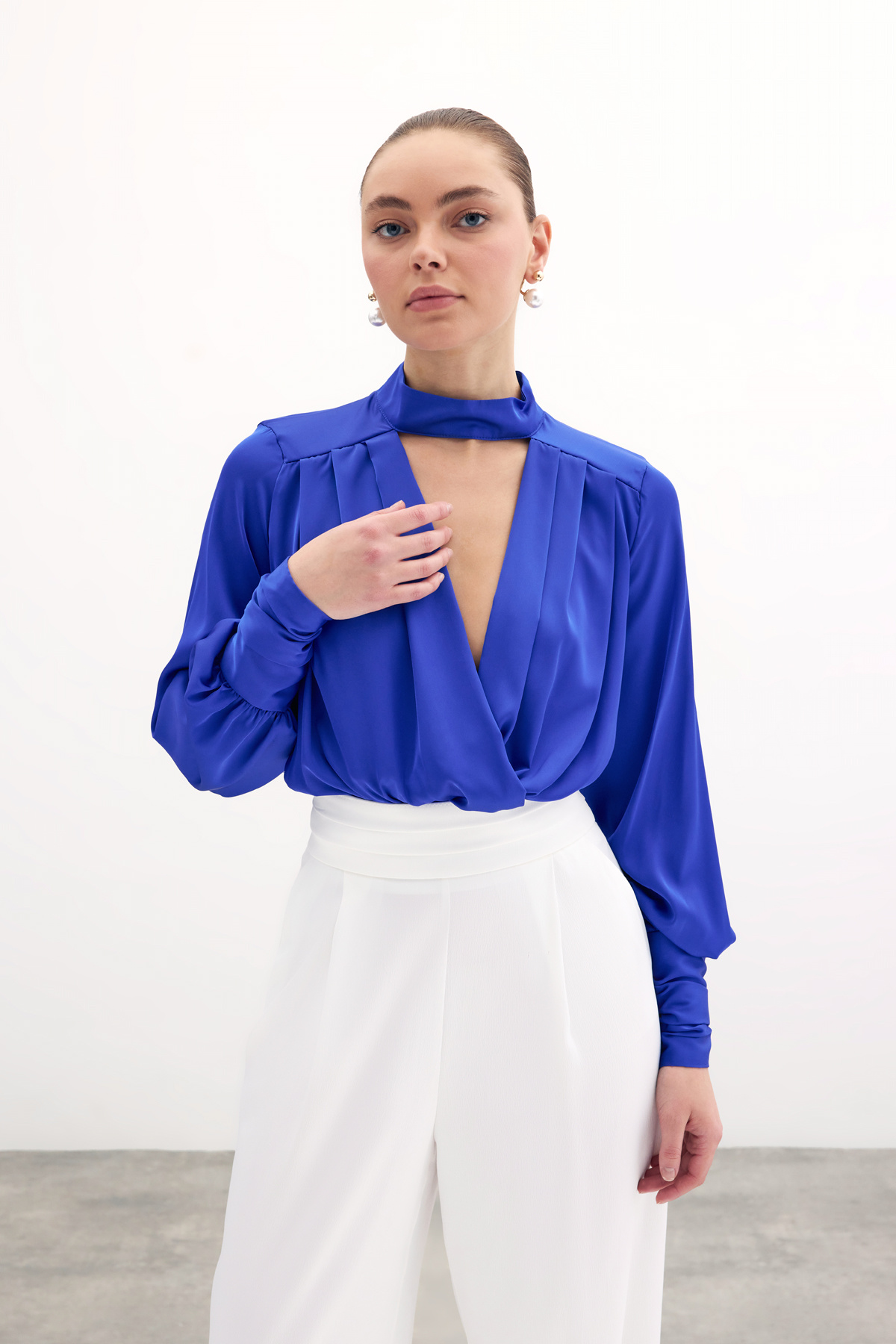 Drape Detaylı  Bodysuit Bluz - Sax Mavi