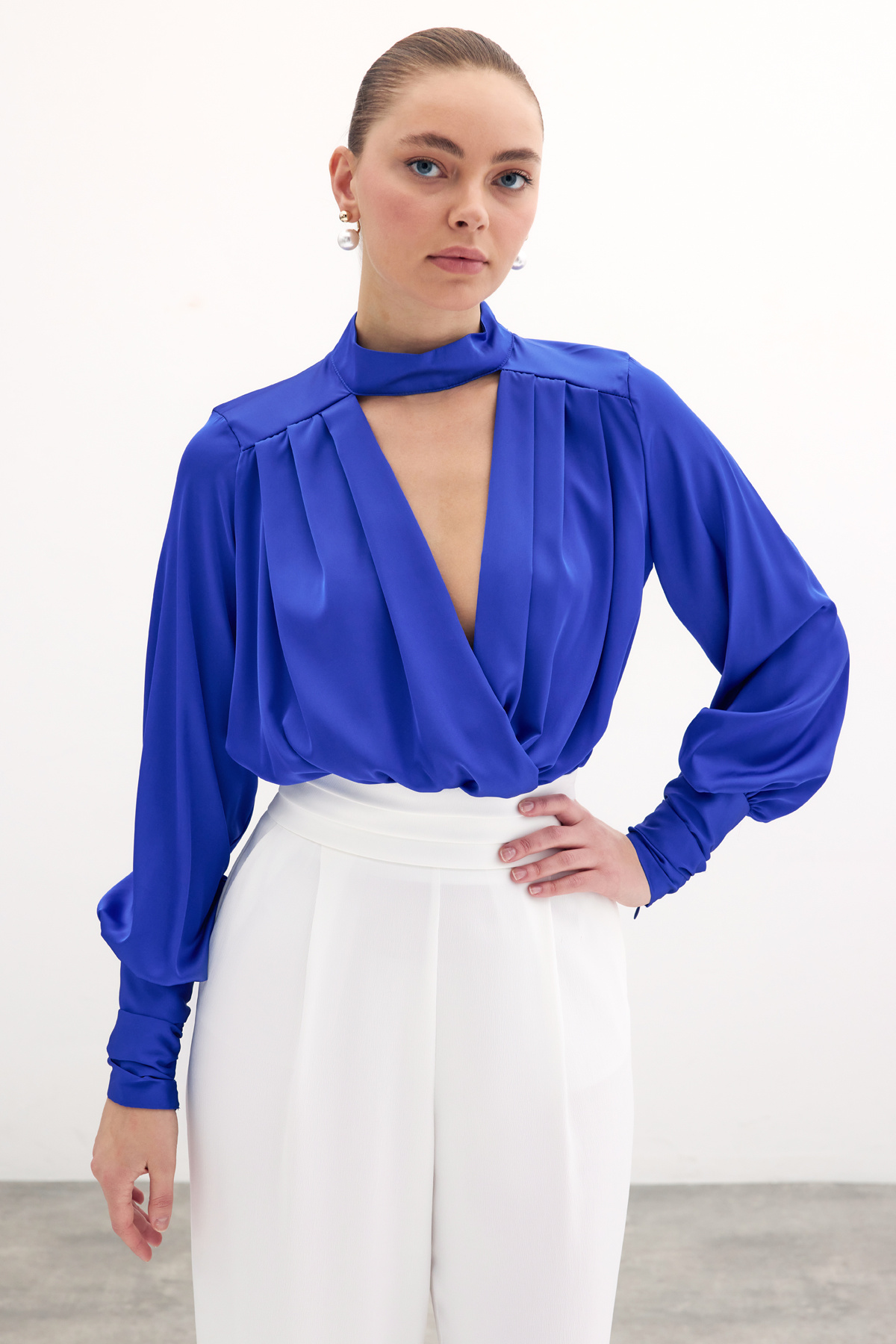 Drape Detaylı  Bodysuit Bluz - Sax Mavi