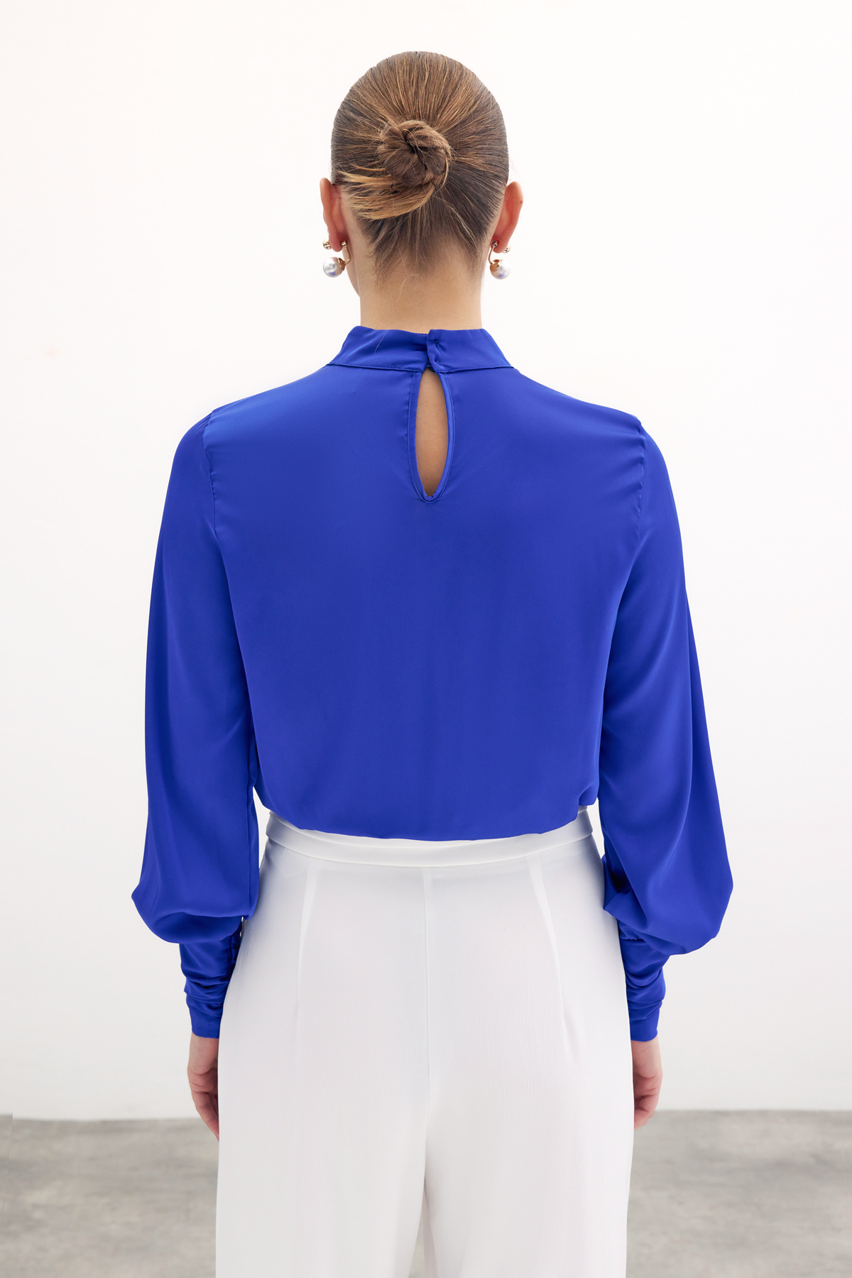 Drape Detaylı  Bodysuit Bluz - Sax Mavi