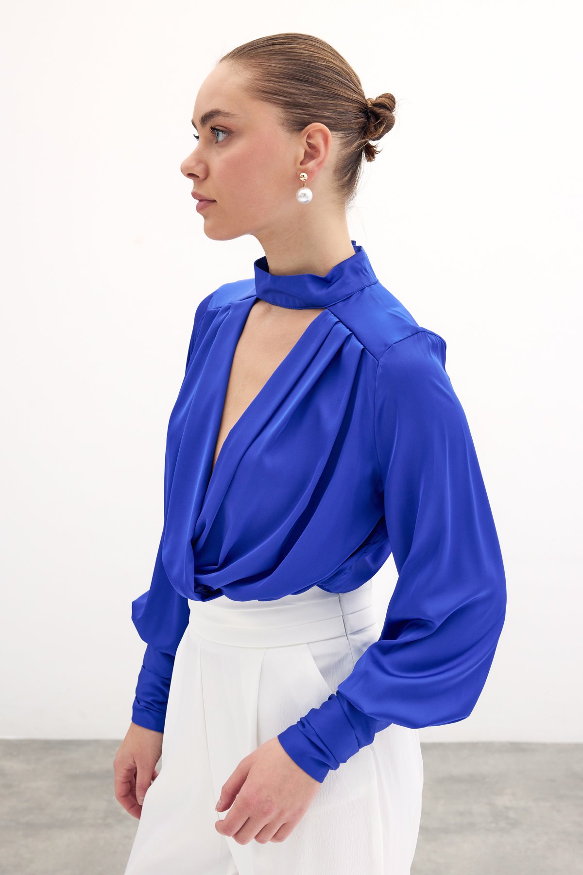 Drape Detaylı  Bodysuit Bluz - Sax Mavi