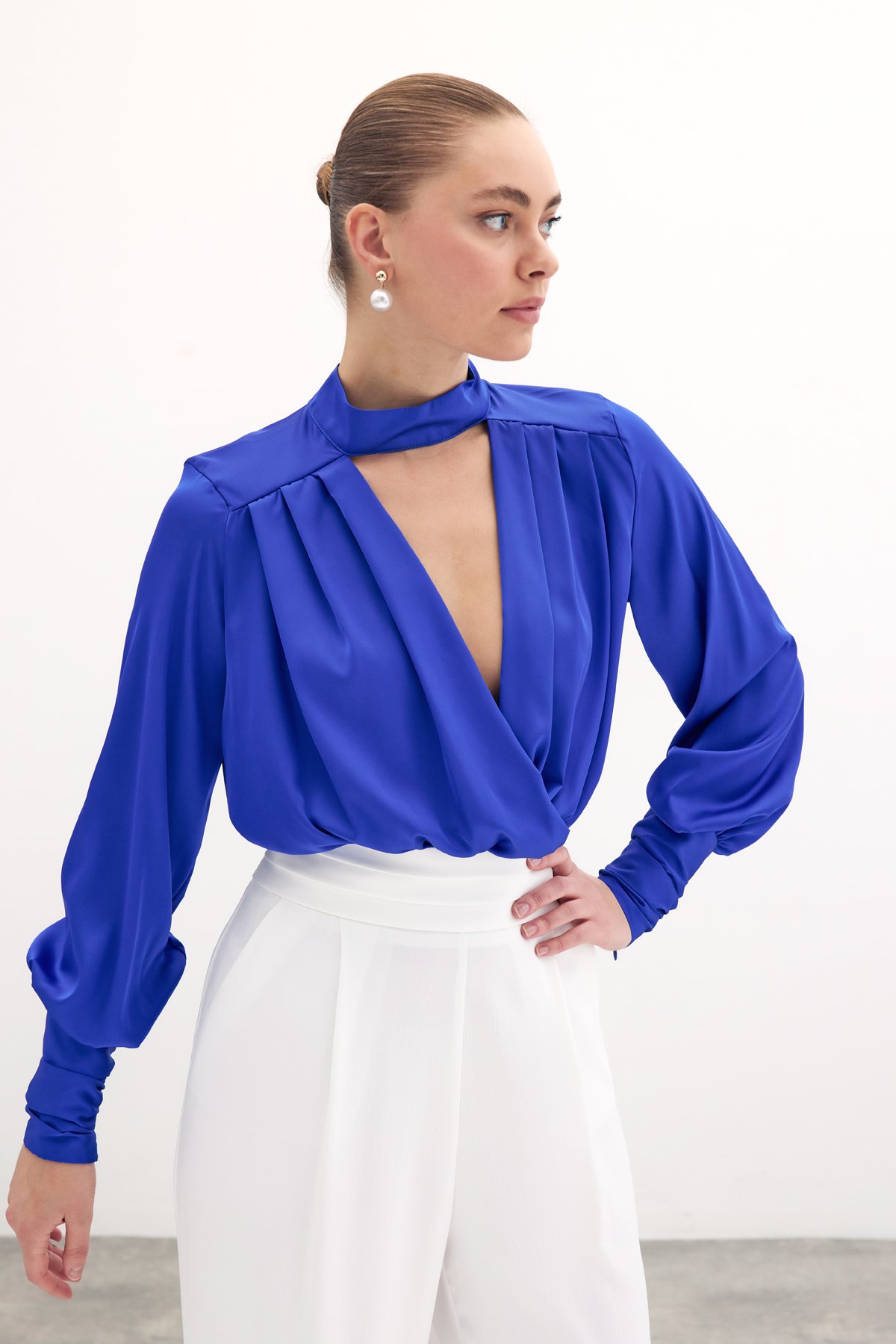 Drape Detaylı  Bodysuit Bluz - Sax Mavi