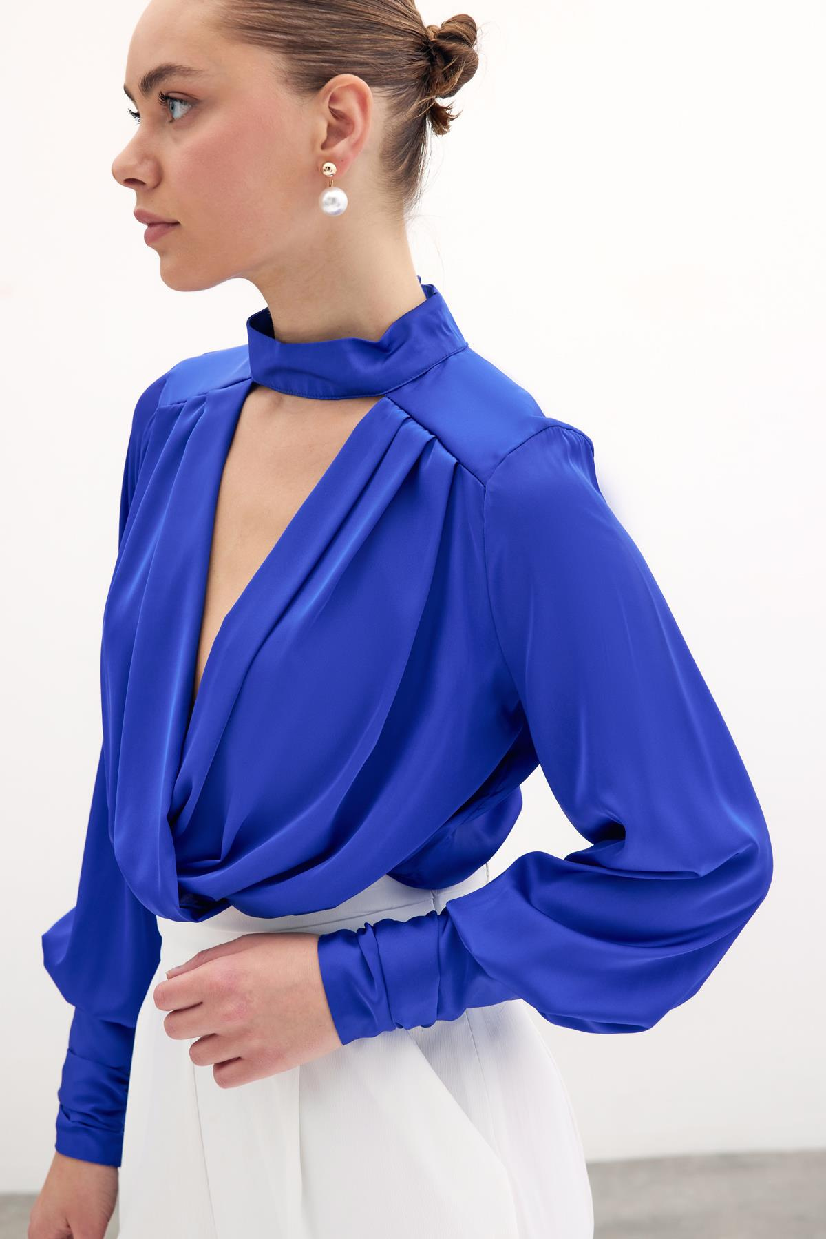 Drape Detaylı  Bodysuit Bluz - Sax Mavi