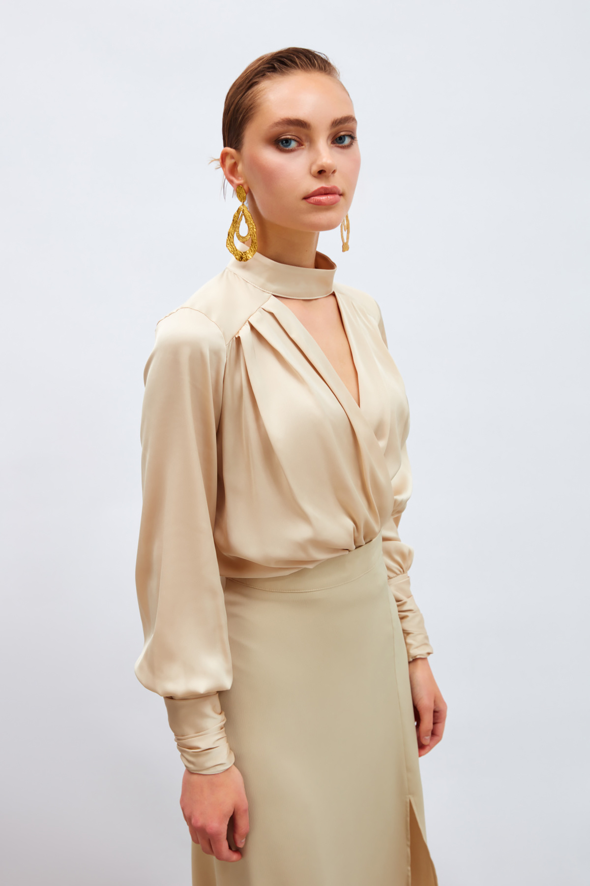 Drape Detaylı  Bodysuit Bluz - TAŞ