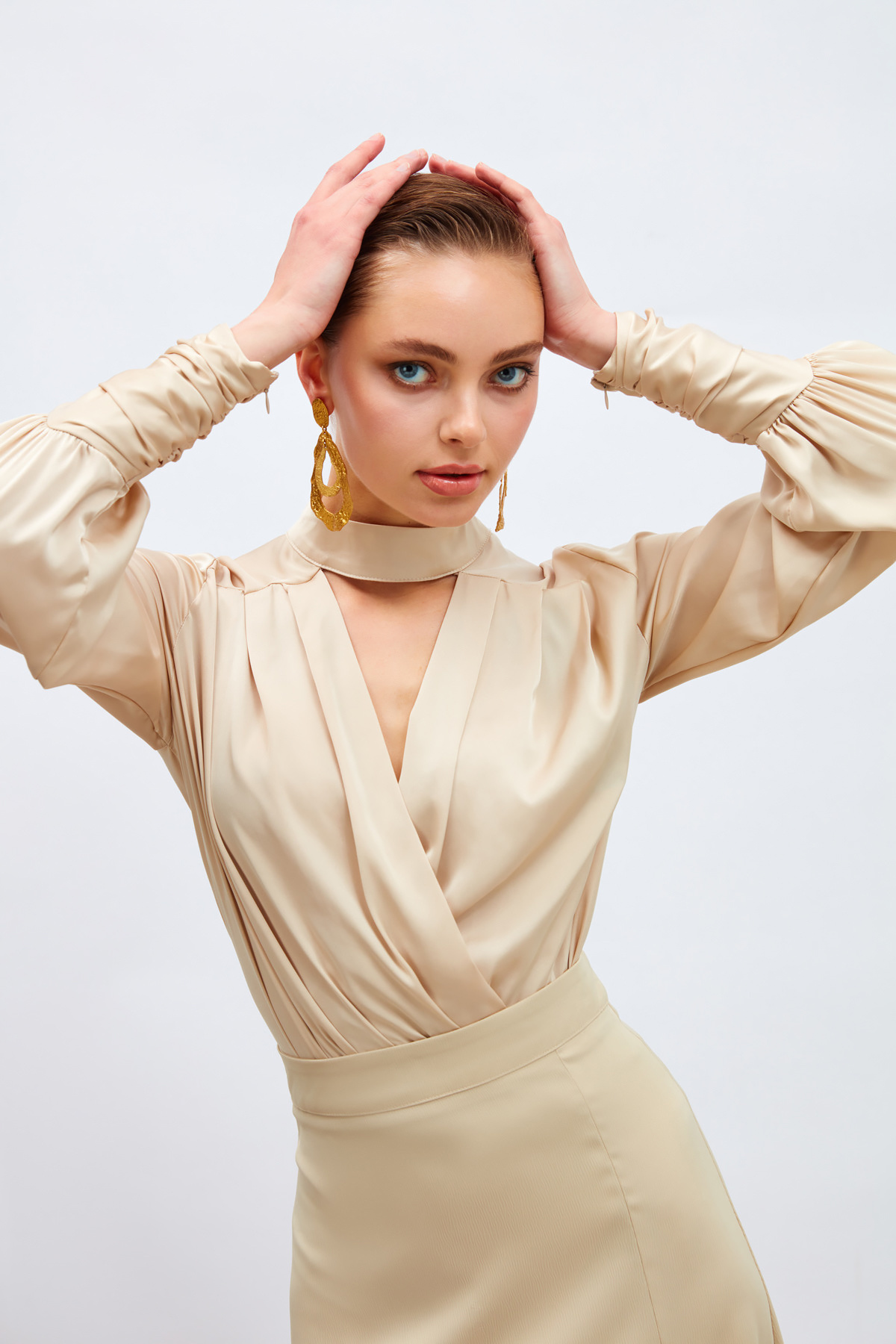 Drape Detaylı  Bodysuit Bluz - TAŞ