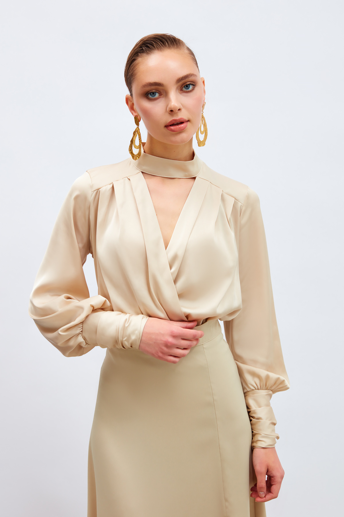 Drape Detaylı  Bodysuit Bluz - TAŞ