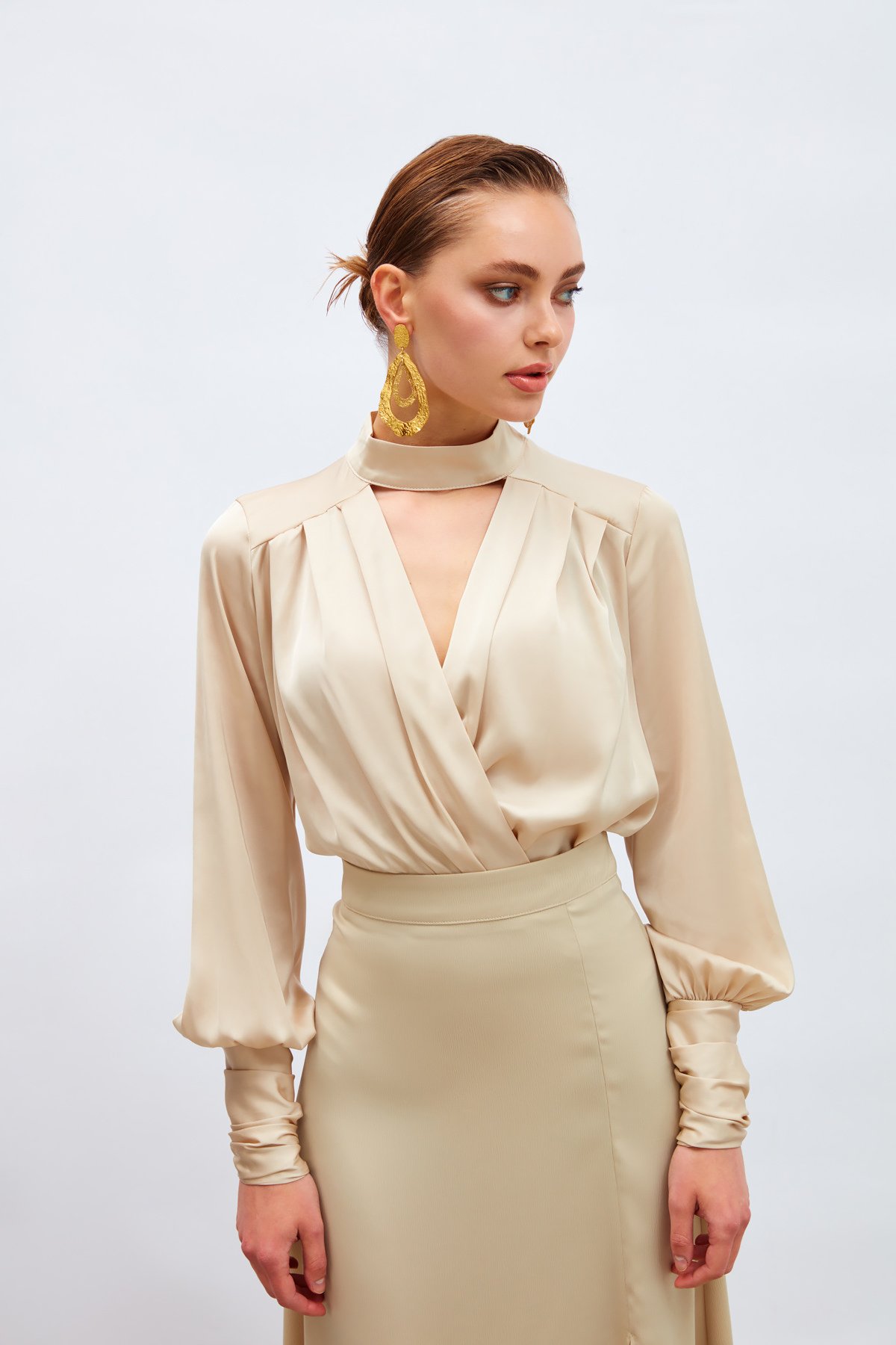 Drape Detaylı  Bodysuit Bluz - TAŞ