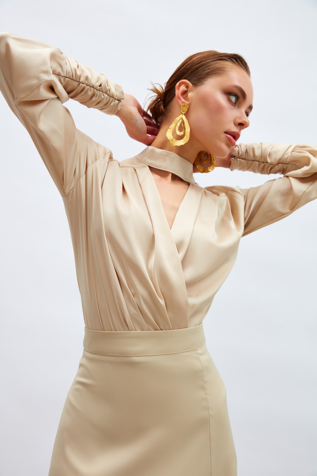 Drape Detaylı  Bodysuit Bluz - TAŞ