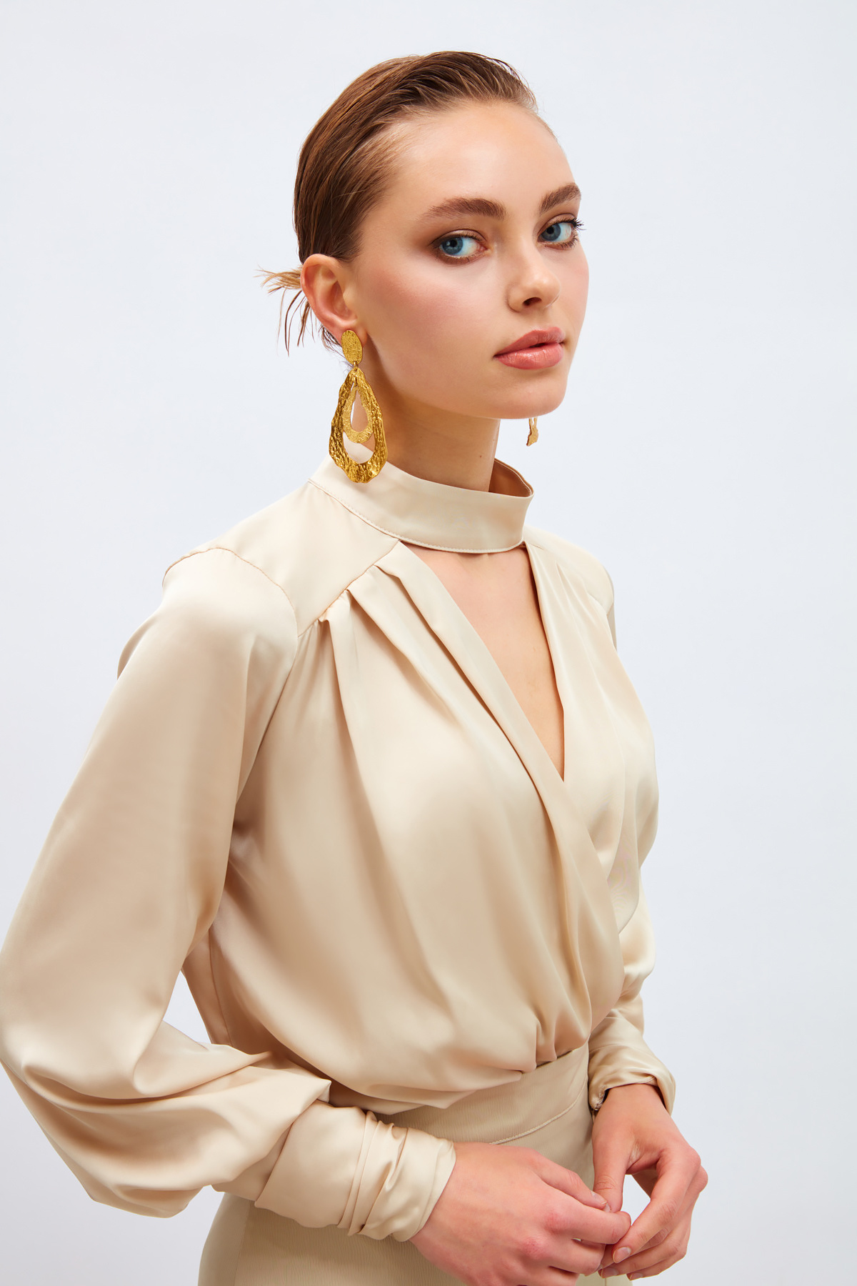 Drape Detaylı  Bodysuit Bluz - TAŞ