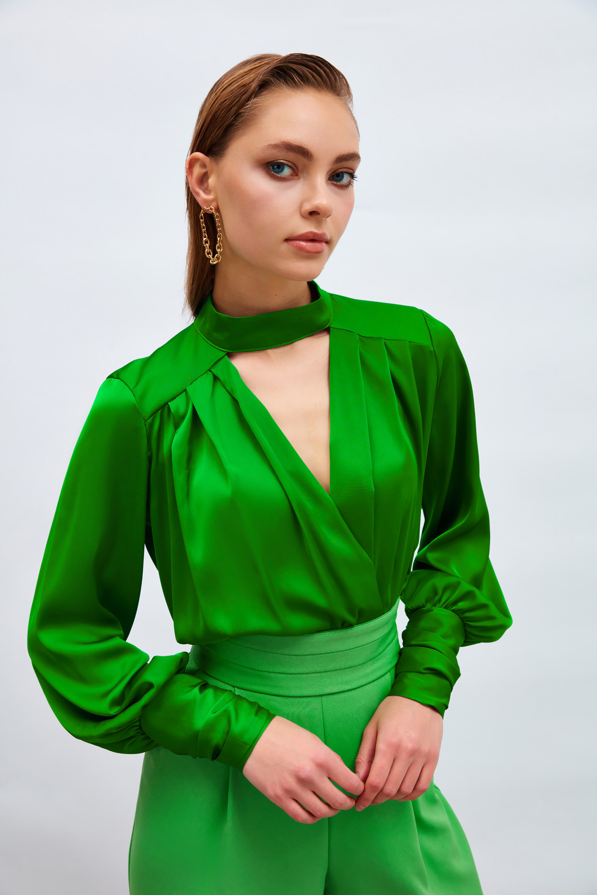 Drape Detaylı  Bodysuit Bluz - YEŞİL