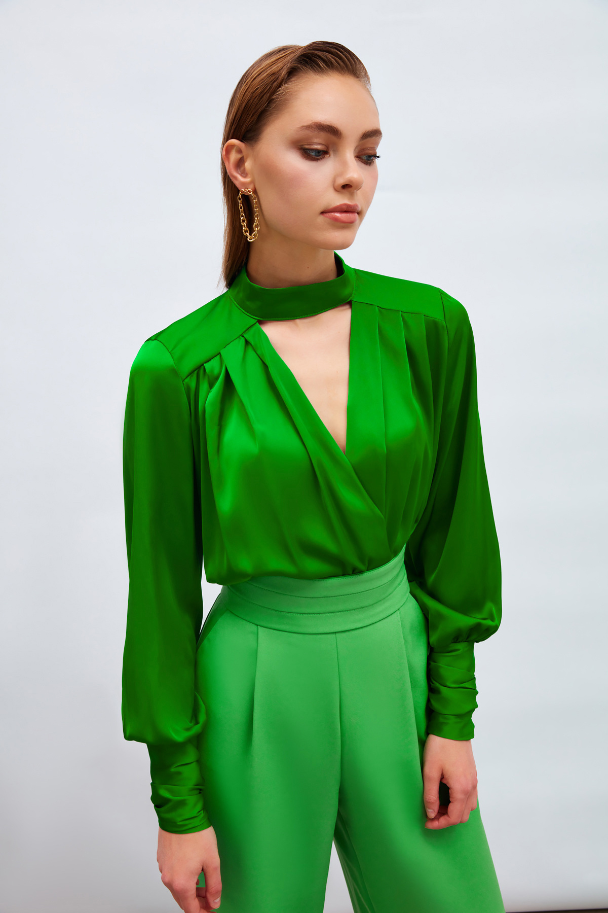 Drape Detaylı  Bodysuit Bluz - YEŞİL