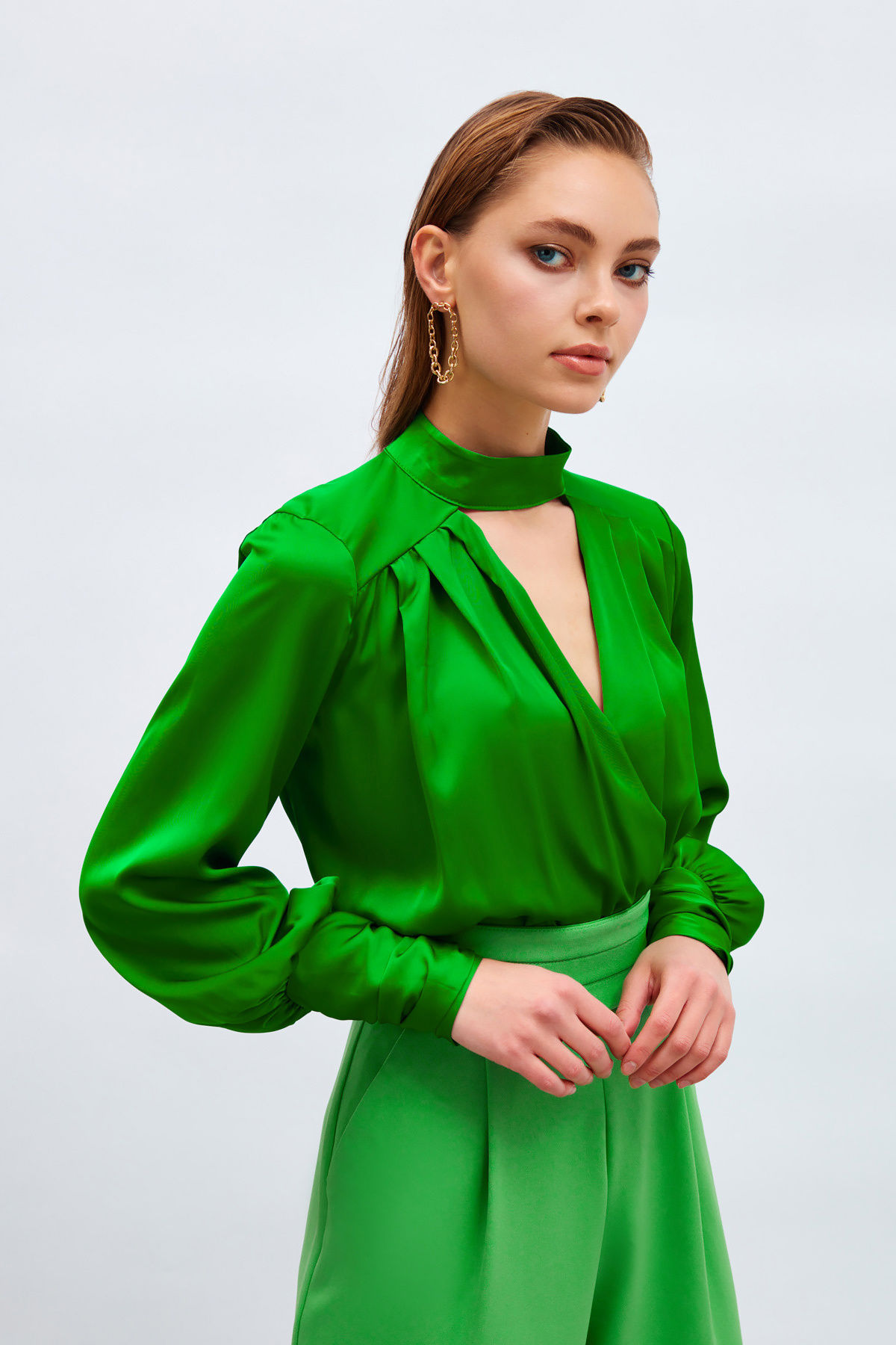 Drape Detaylı  Bodysuit Bluz - YEŞİL