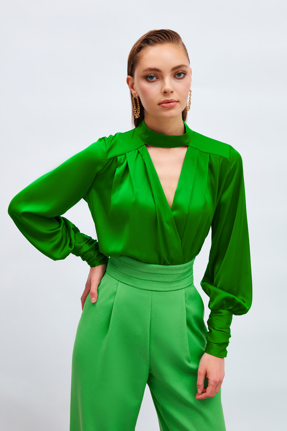 Drape Detaylı  Bodysuit Bluz - YEŞİL