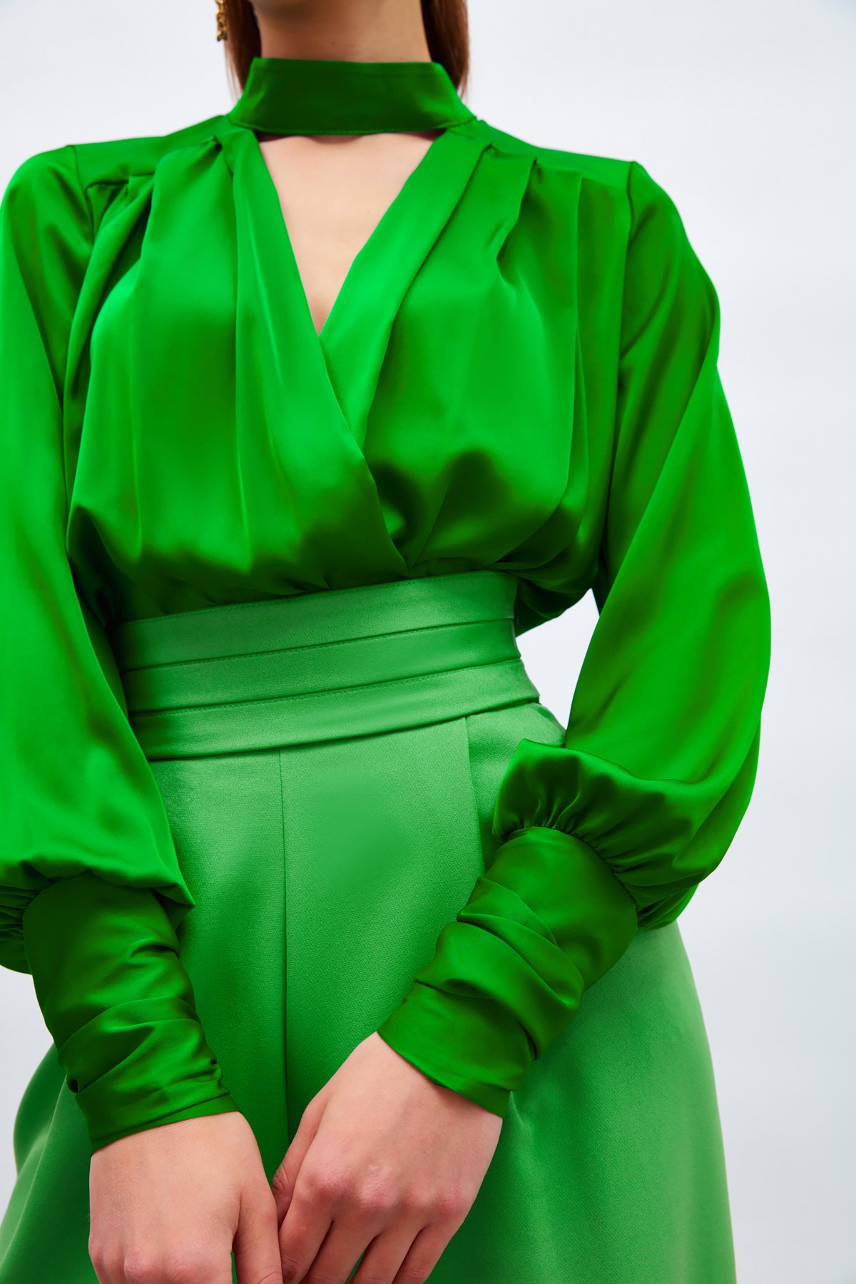 Drape Detaylı  Bodysuit Bluz - YEŞİL