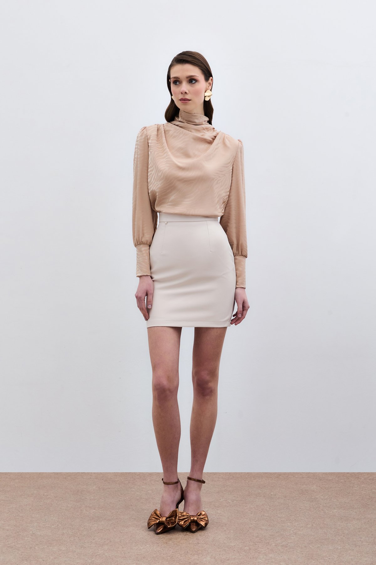 Drapeli Desenli Bluz - Camel