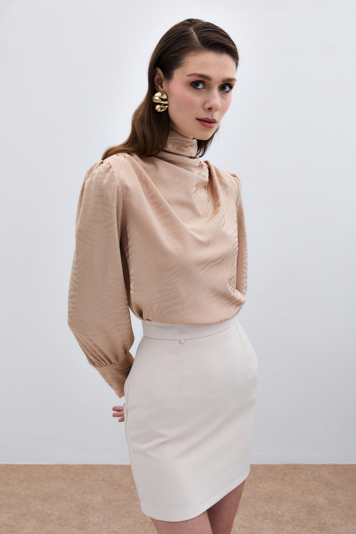 Drapeli Desenli Bluz - Camel