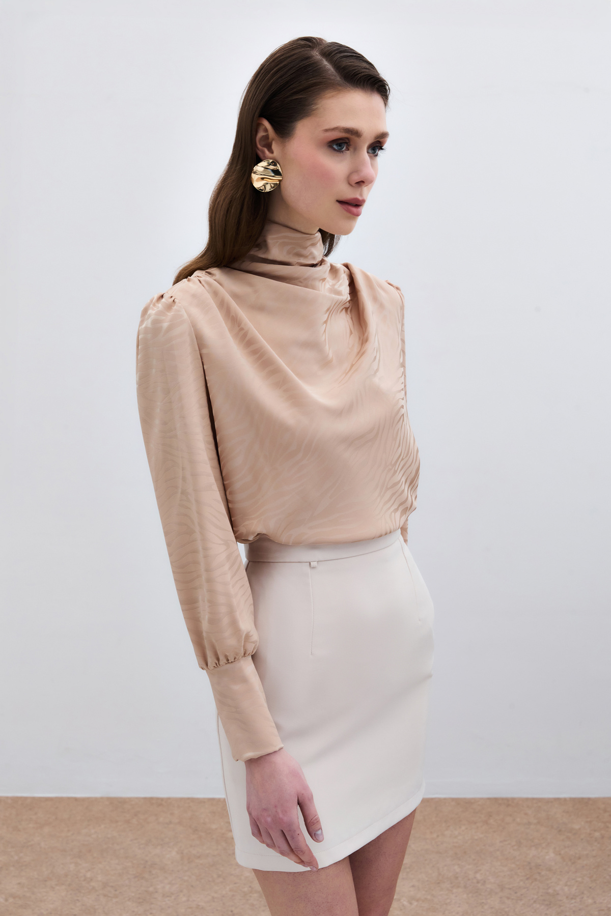 Drapeli Desenli Bluz - Camel