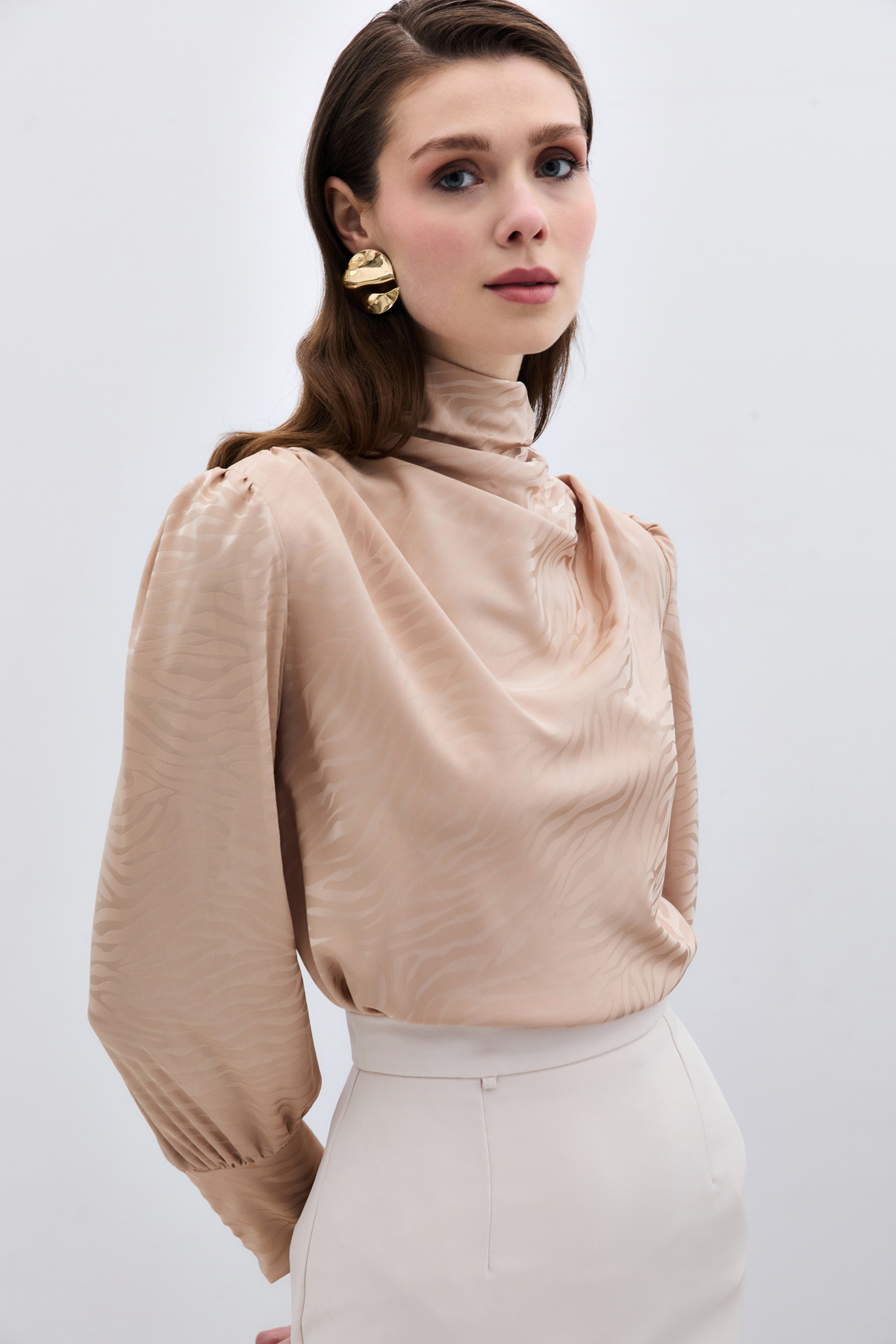 Drapeli Desenli Bluz - Camel