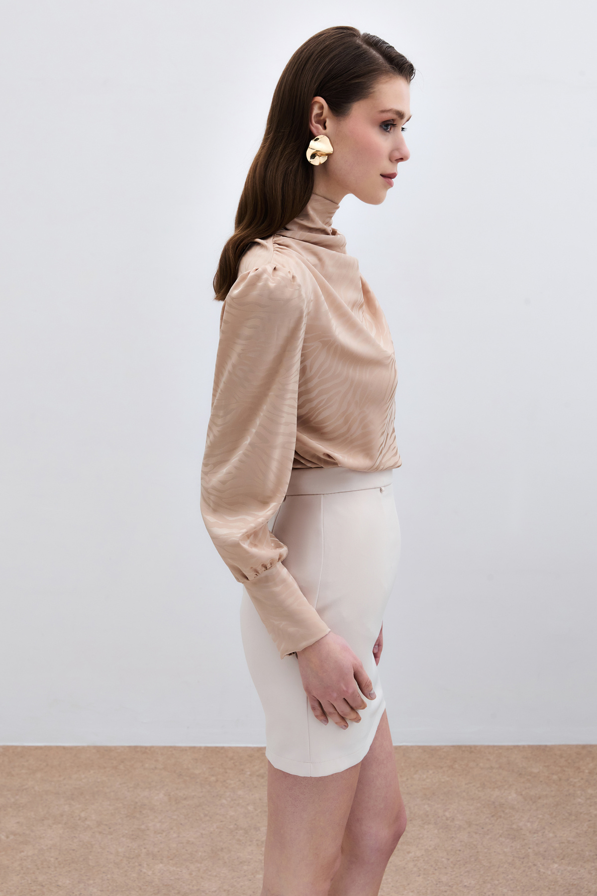 Drapeli Desenli Bluz - Camel